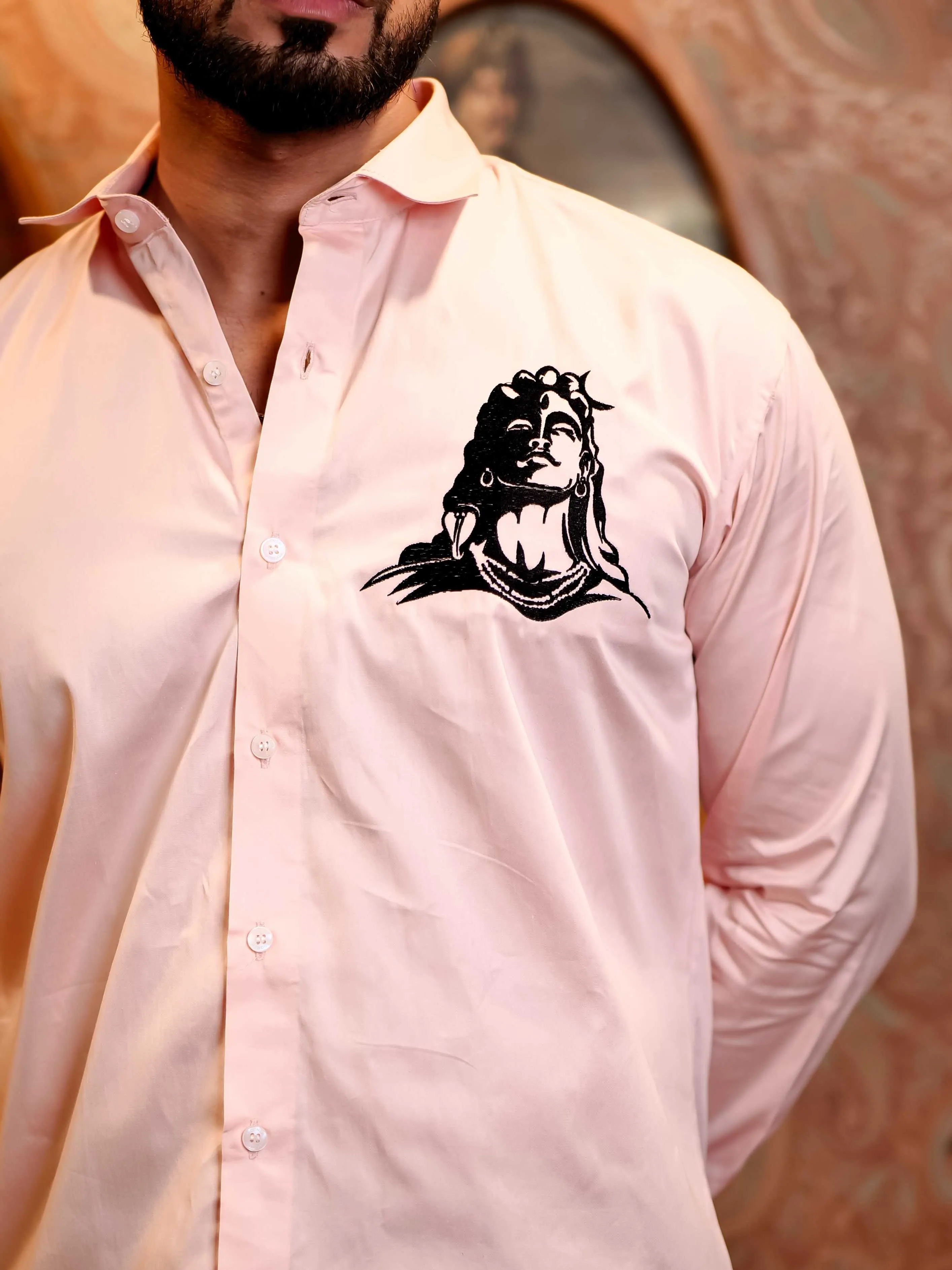 Adiyogi Shiva Pink Embroidered Designer Satin Cotton Shirt