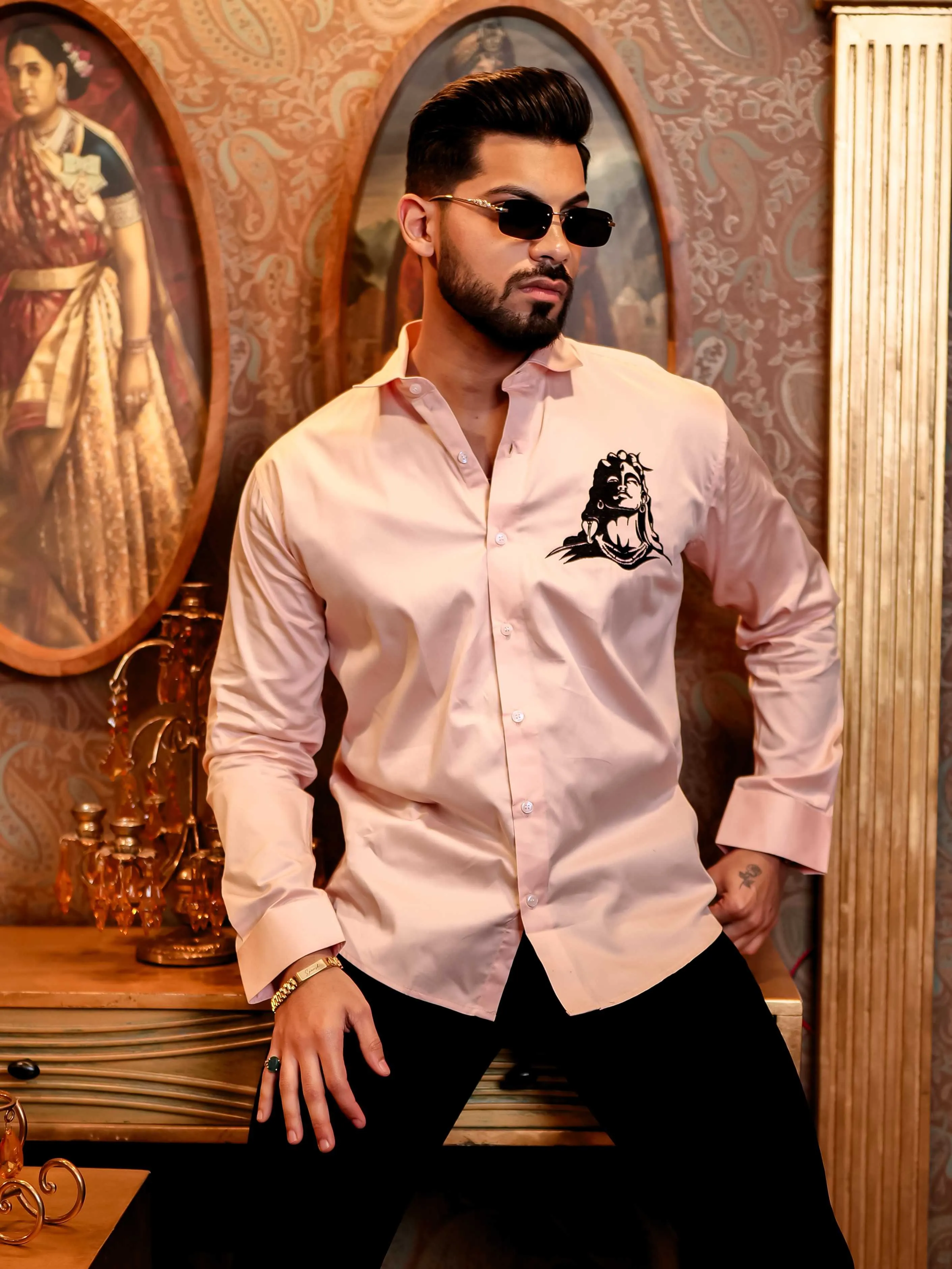 Adiyogi Shiva Pink Embroidered Designer Satin Cotton Shirt