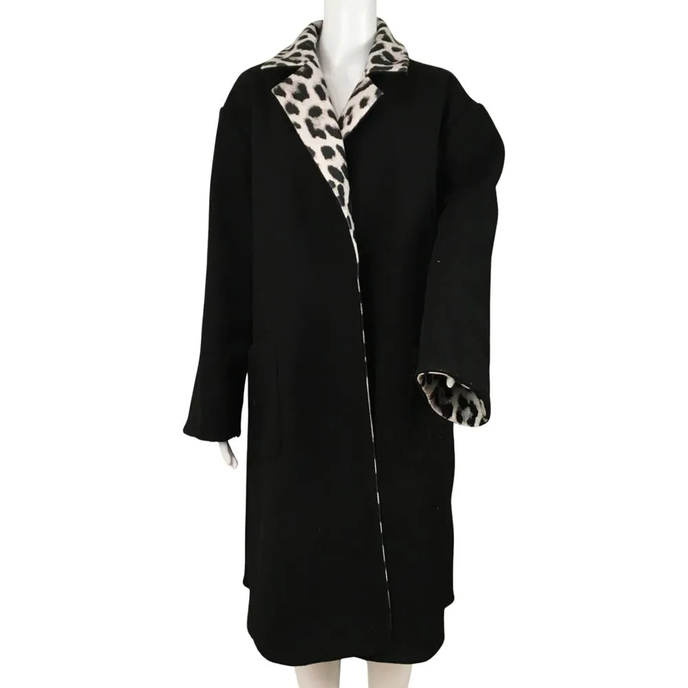 Alice   Olivia Women’s Leopard Print Reversible Belted Coat Black Multi Sz M/L