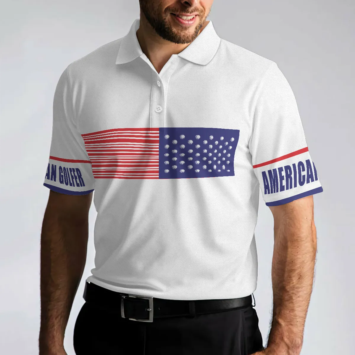 American Golfer Golfing Polo Shirt, Strips Barcode American Flag Polo Shirt, Patriotic Golf Shirt For Men