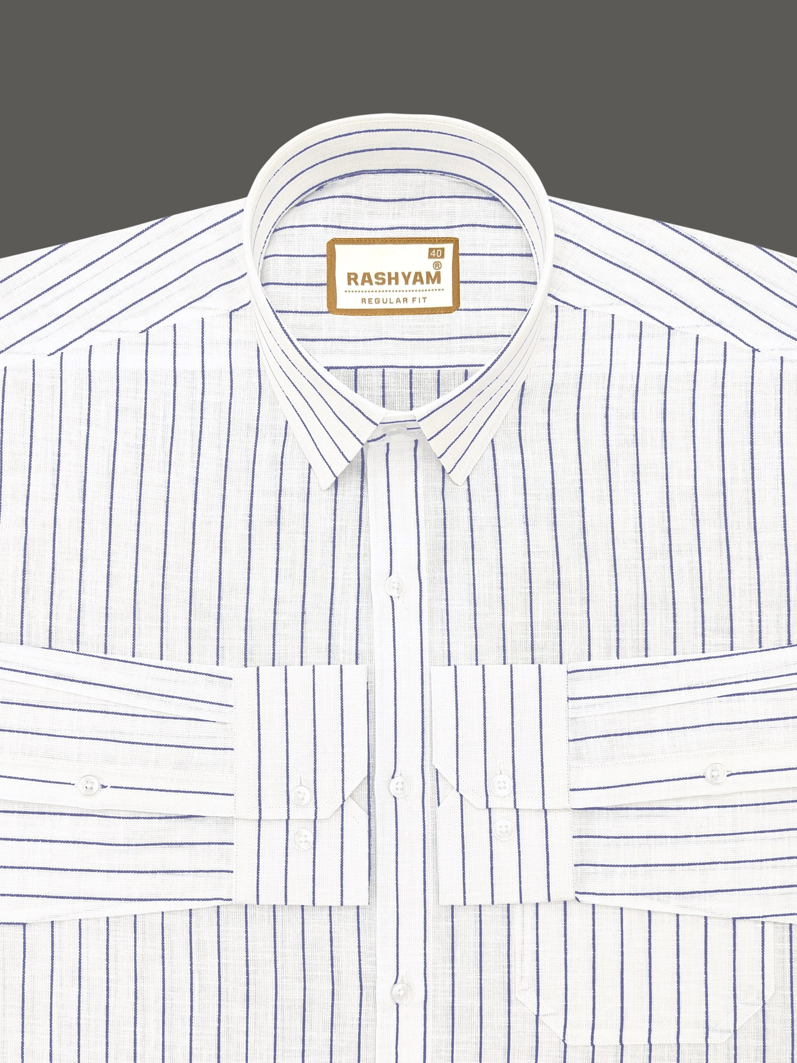 Arezzo Italian Premium Linen Dark Blue Line On White Formal Shirt For Men