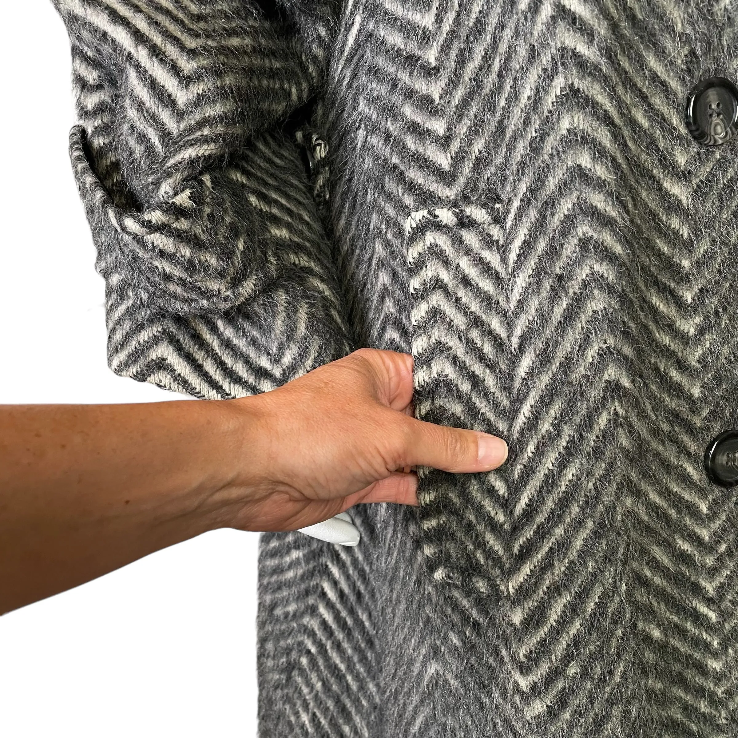 Arnold Manus | Women's Vintage 100% Alpaca Gray and Cream Chevron Pattern Trench Coat | Size: 14