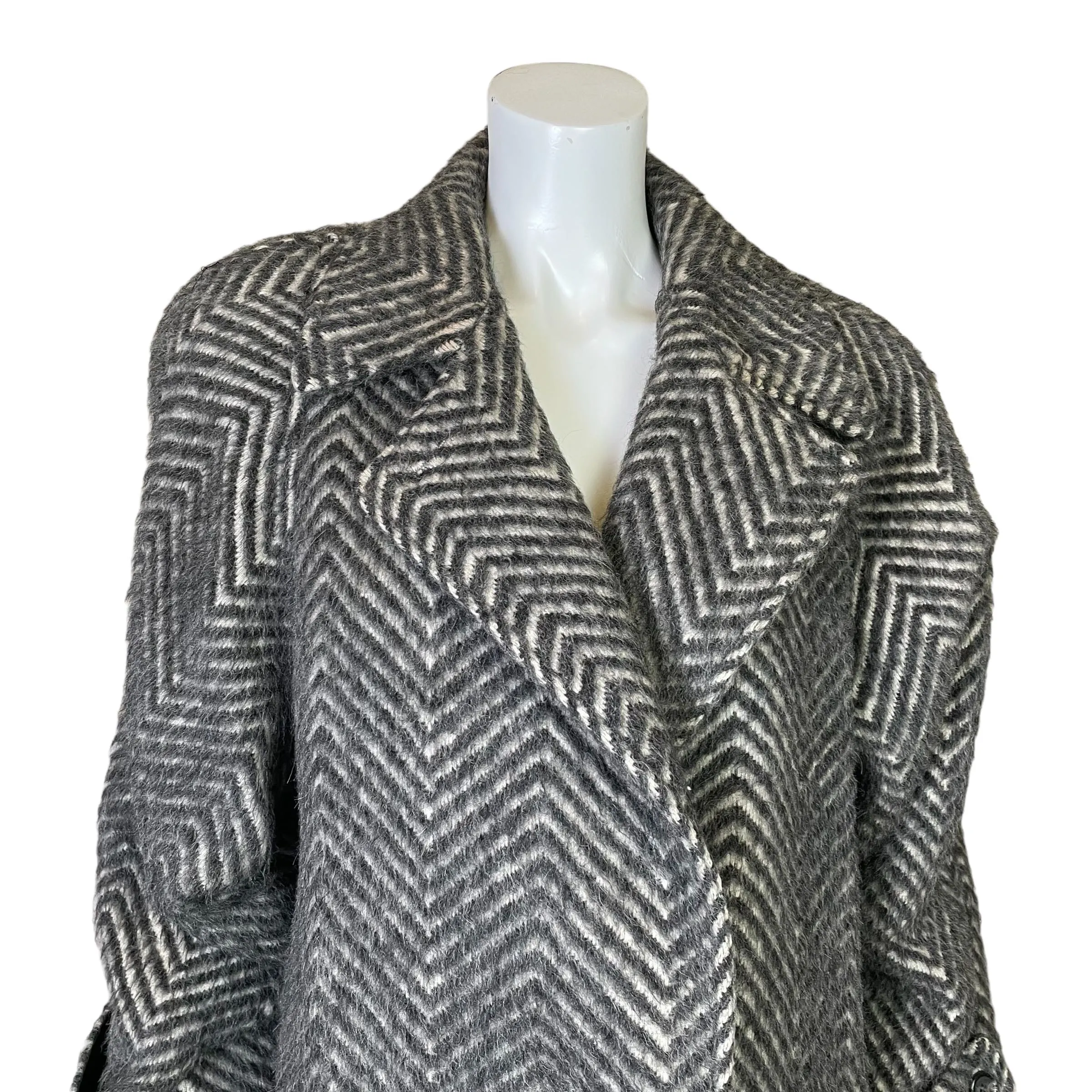 Arnold Manus | Women's Vintage 100% Alpaca Gray and Cream Chevron Pattern Trench Coat | Size: 14