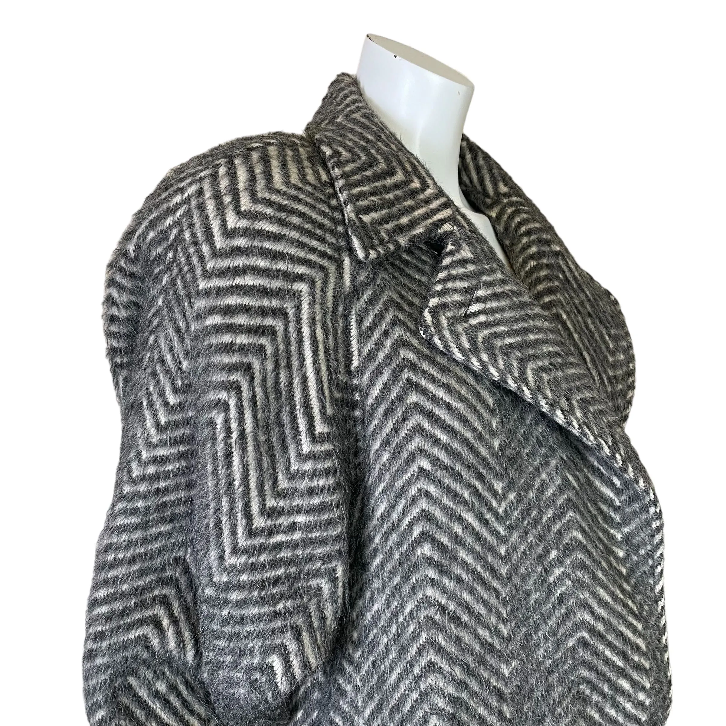 Arnold Manus | Women's Vintage 100% Alpaca Gray and Cream Chevron Pattern Trench Coat | Size: 14