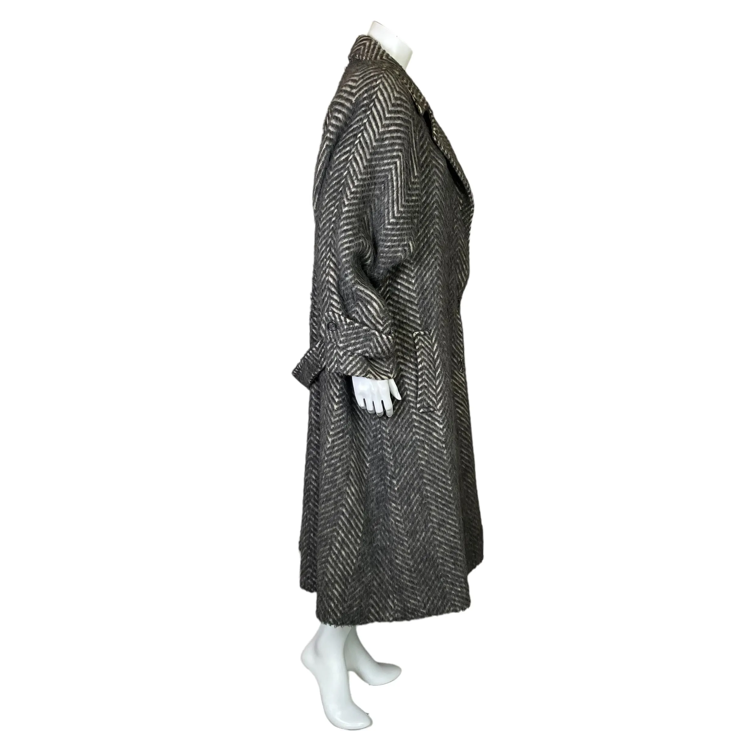 Arnold Manus | Women's Vintage 100% Alpaca Gray and Cream Chevron Pattern Trench Coat | Size: 14