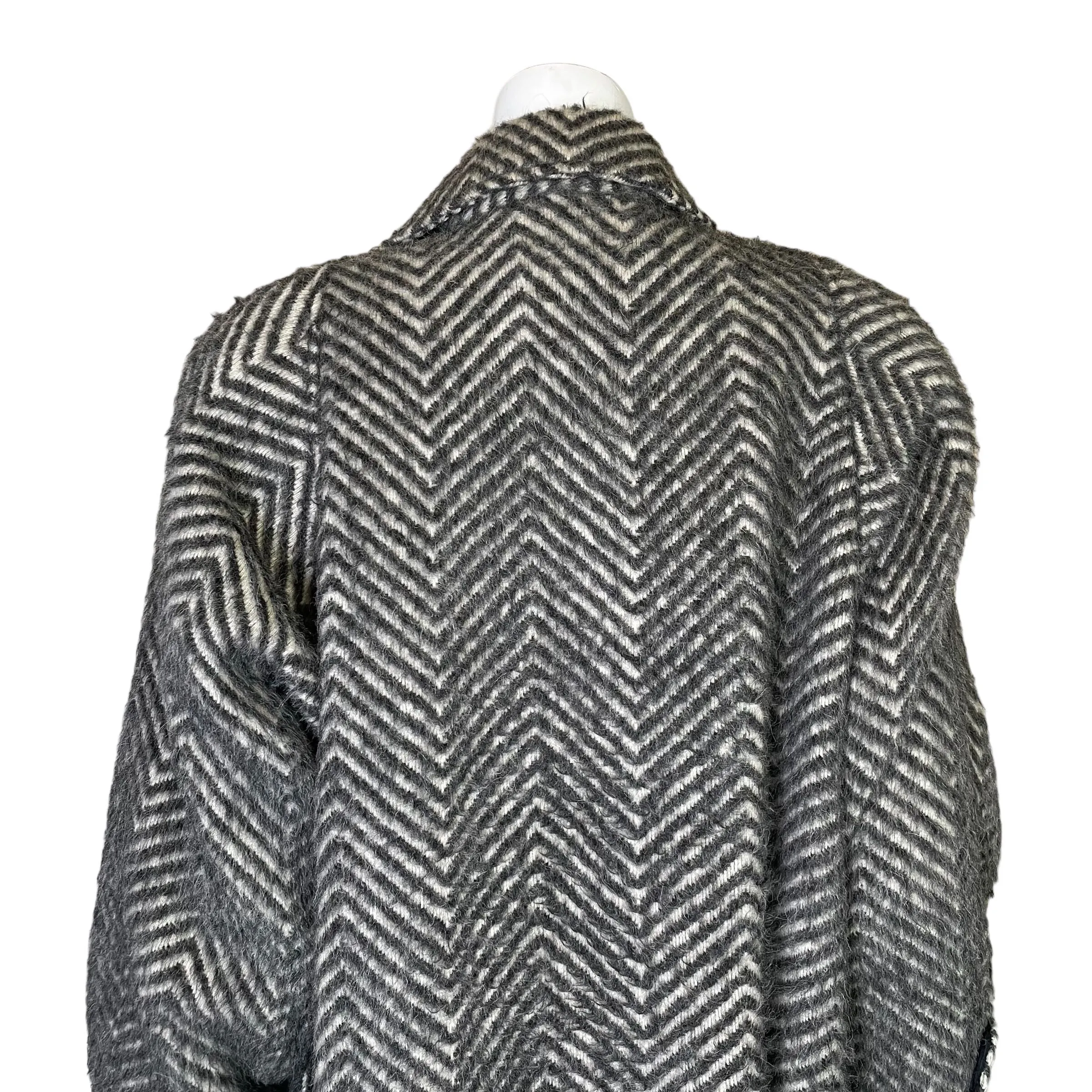 Arnold Manus | Women's Vintage 100% Alpaca Gray and Cream Chevron Pattern Trench Coat | Size: 14