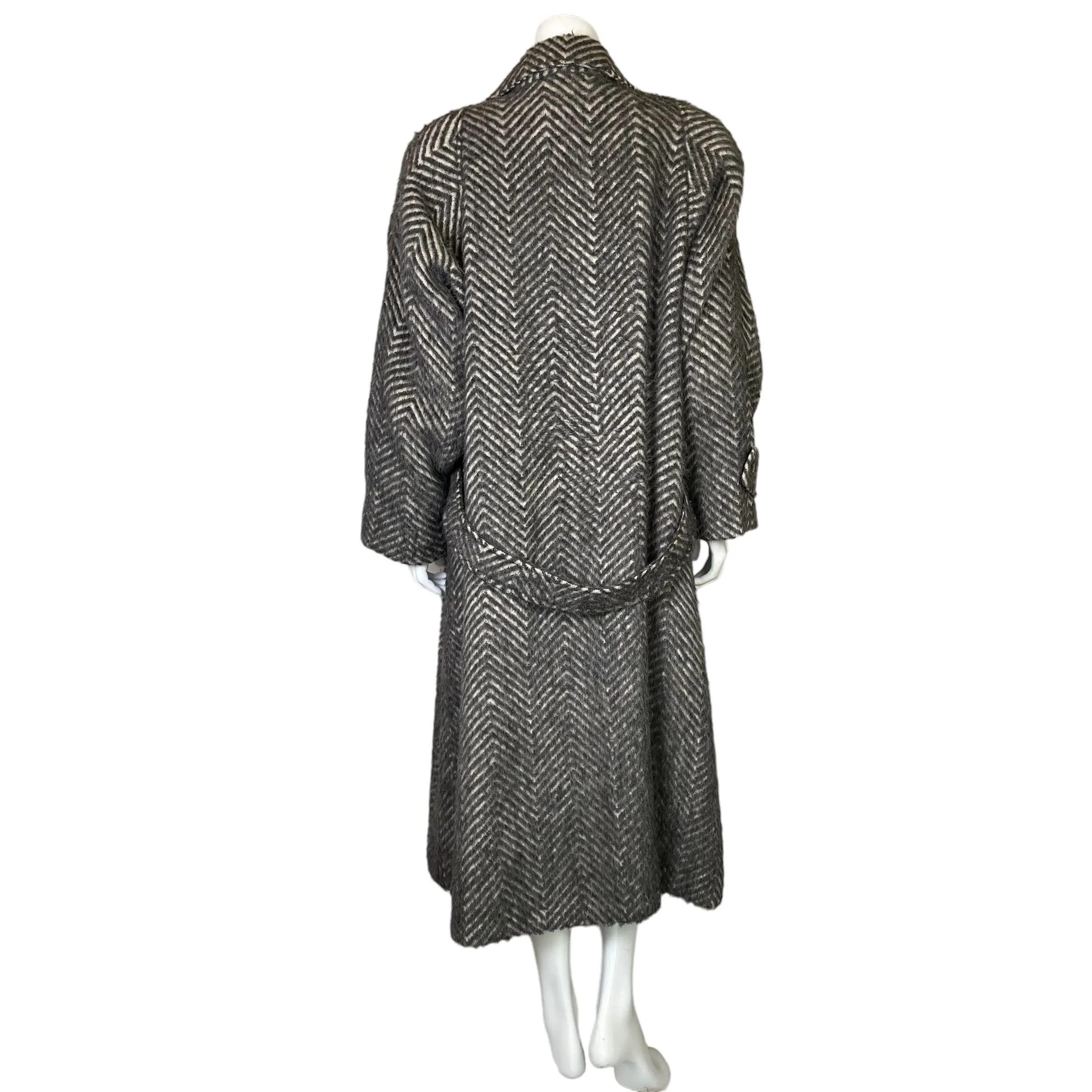 Arnold Manus | Women's Vintage 100% Alpaca Gray and Cream Chevron Pattern Trench Coat | Size: 14