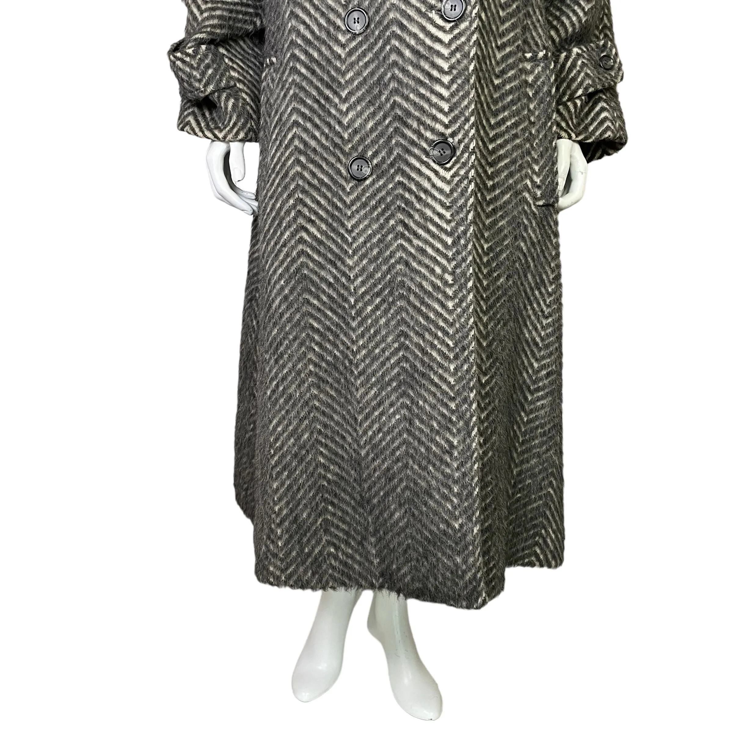 Arnold Manus | Women's Vintage 100% Alpaca Gray and Cream Chevron Pattern Trench Coat | Size: 14