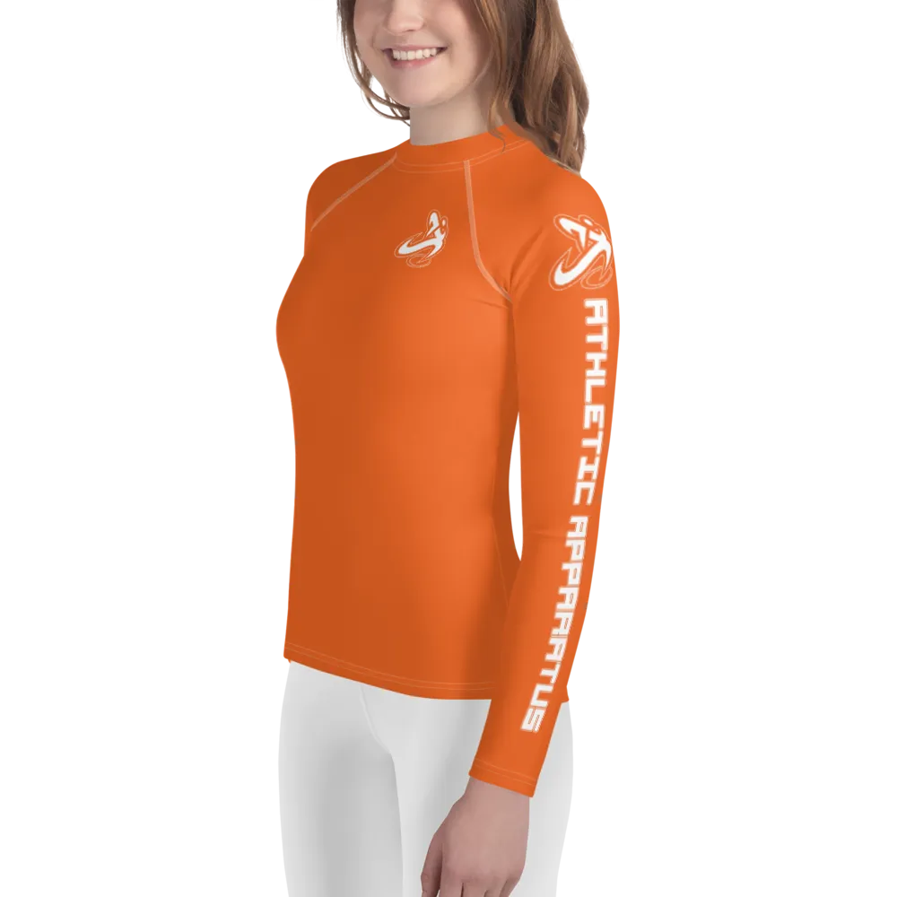 Athletic Apparatus Orange White logo White stitch Youth Rash Guard