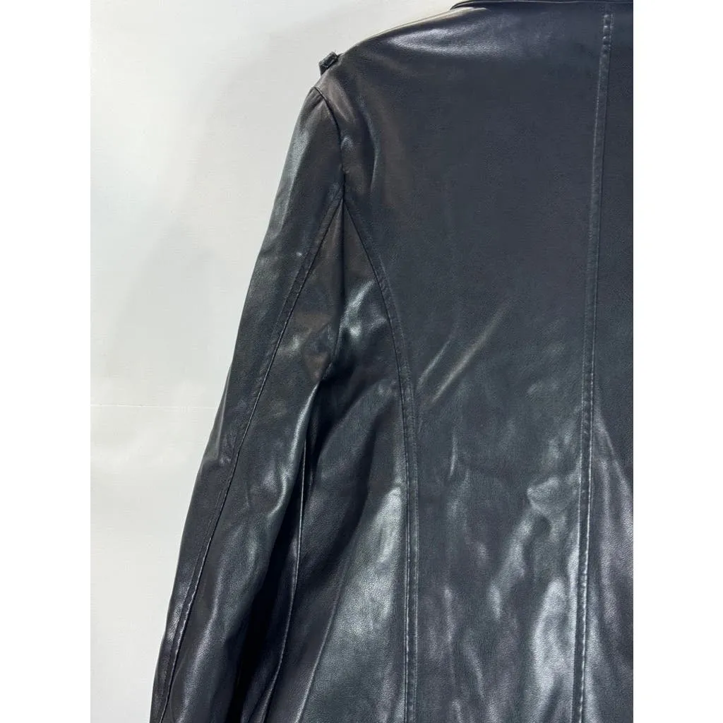 BAGATELLE Women's Black Faux Leather Grunge Chic Open Front Trench Coat SZ S