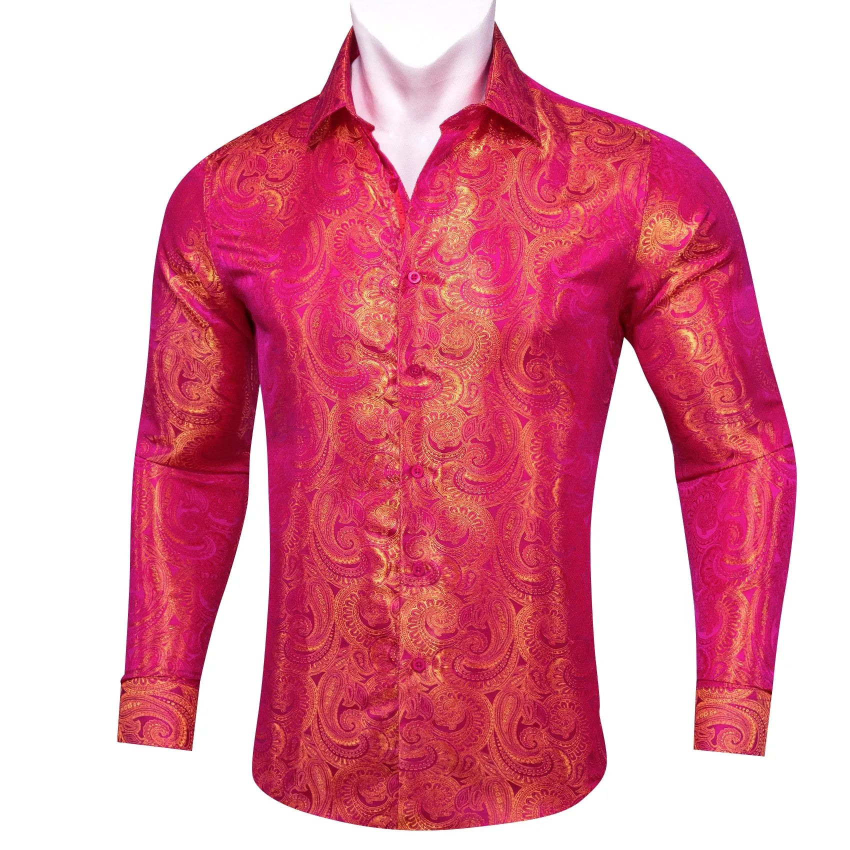 Barry Wang Button Down Shirt Red Orange Woven Paisley Silk Men's Shirt