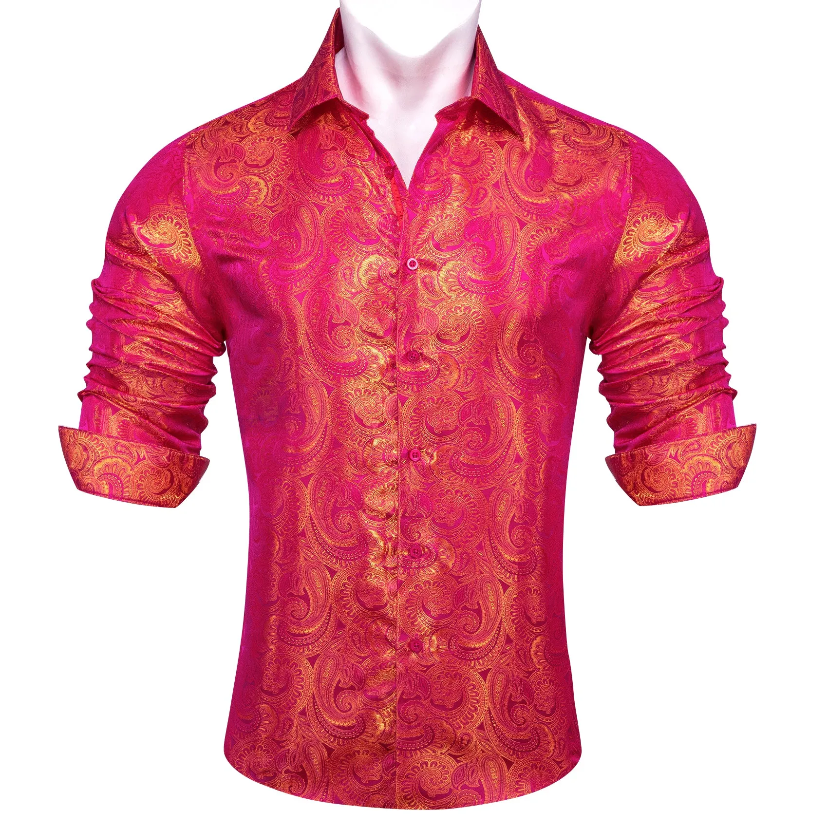 Barry Wang Button Down Shirt Red Orange Woven Paisley Silk Men's Shirt