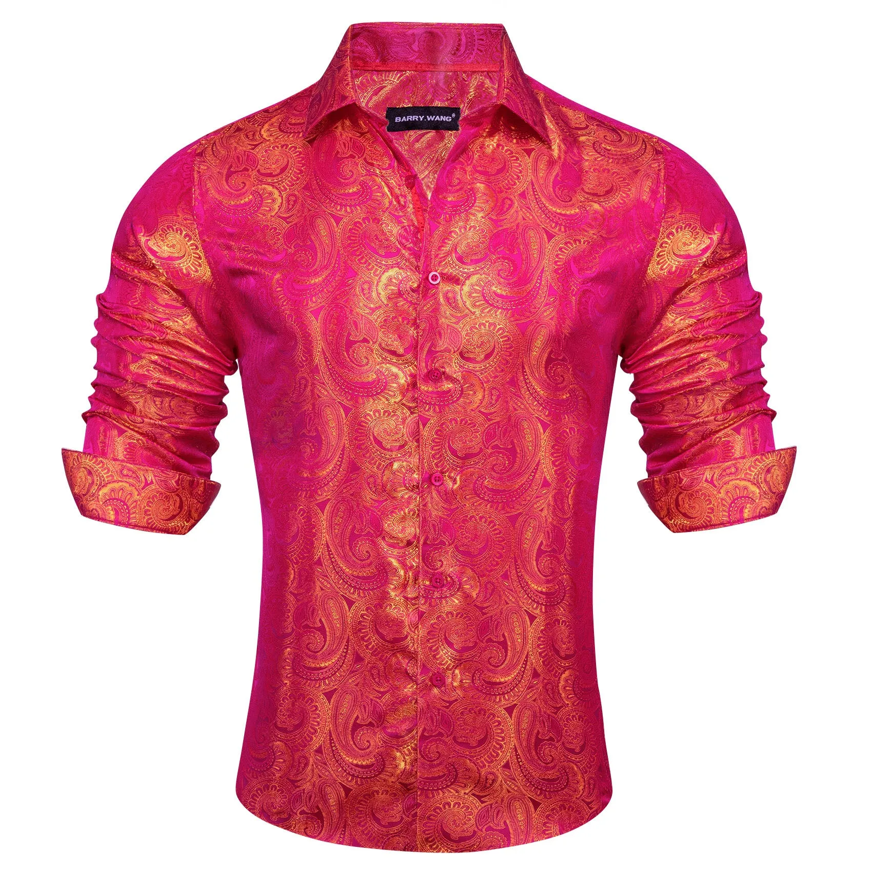 Barry Wang Button Down Shirt Red Orange Woven Paisley Silk Men's Shirt