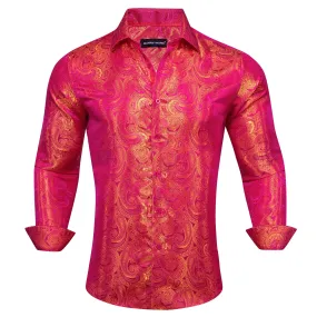 Barry Wang Button Down Shirt Red Orange Woven Paisley Silk Men's Shirt