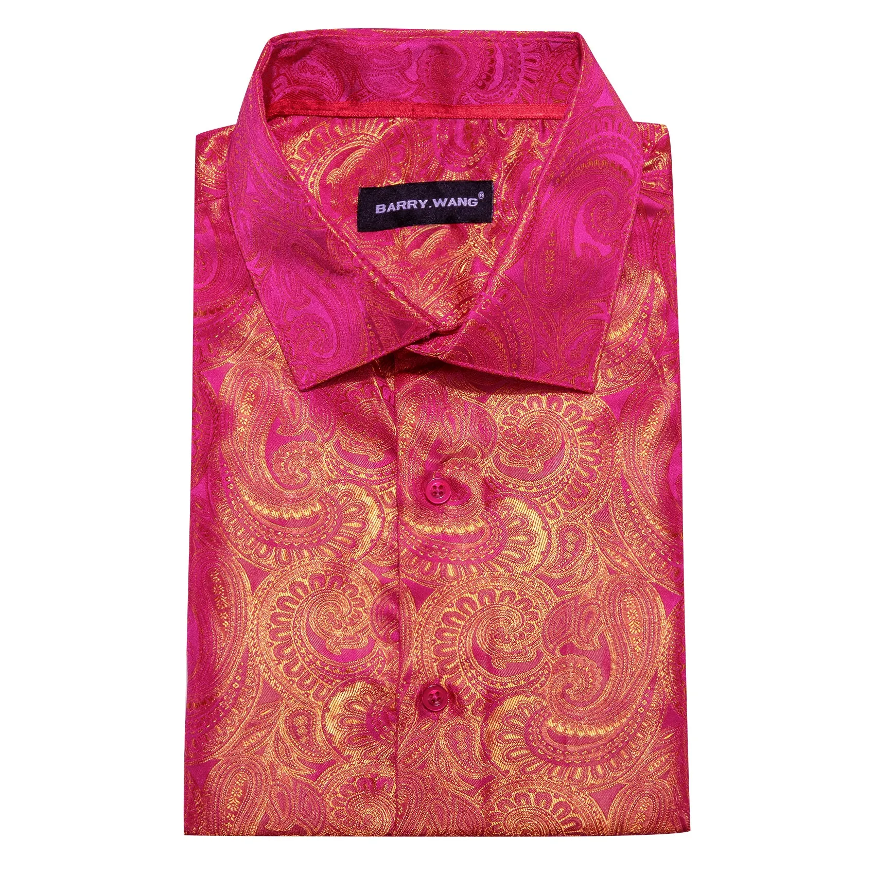 Barry Wang Button Down Shirt Red Orange Woven Paisley Silk Men's Shirt