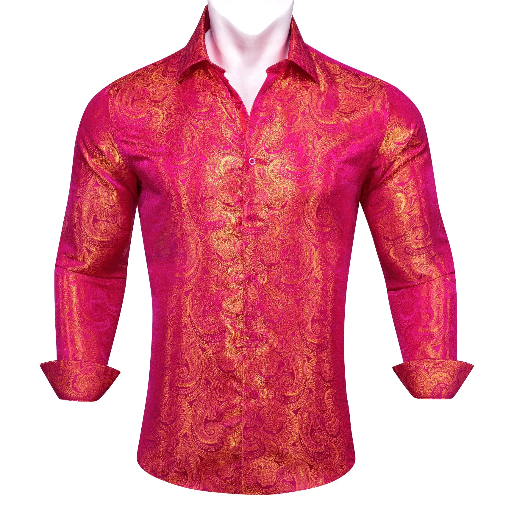 Barry Wang Button Down Shirt Red Orange Woven Paisley Silk Men's Shirt