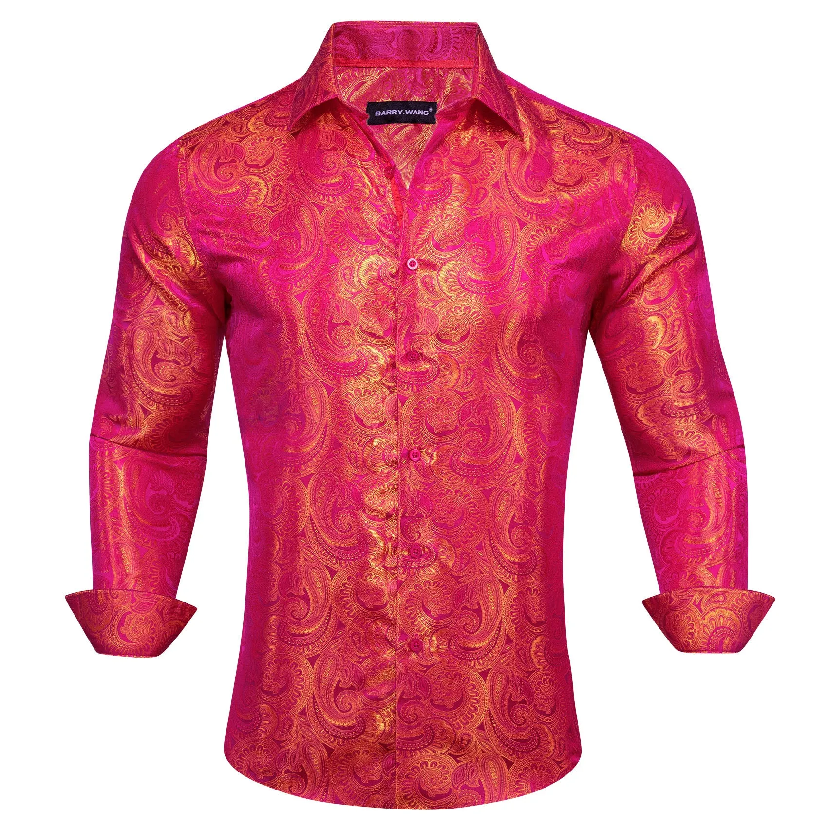 Barry Wang Button Down Shirt Red Orange Woven Paisley Silk Men's Shirt