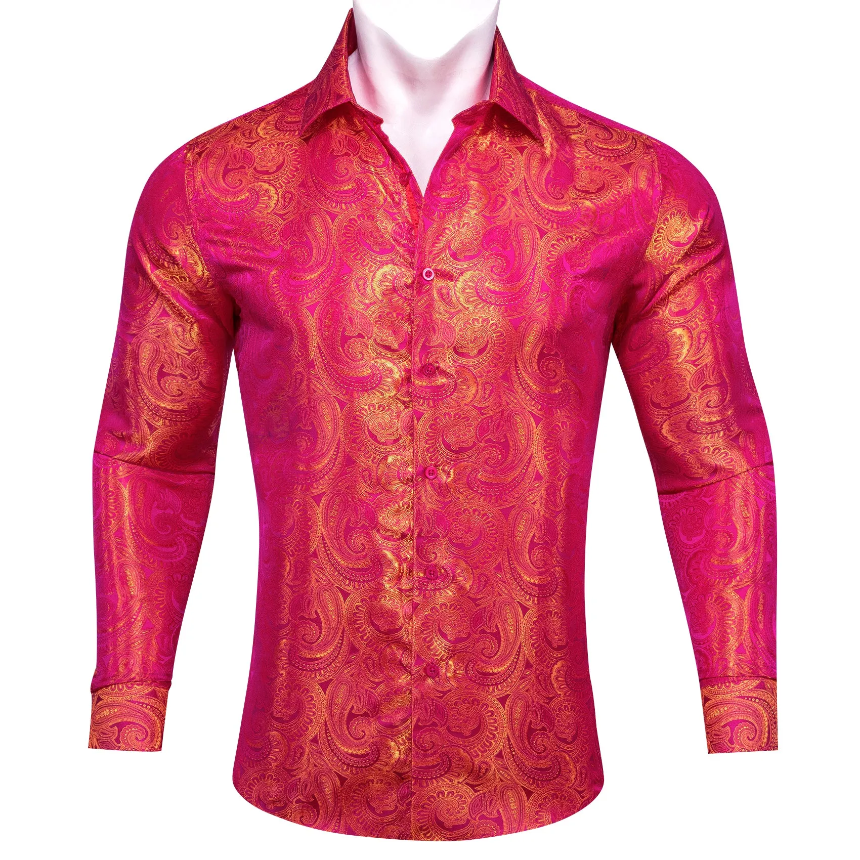 Barry Wang Button Down Shirt Red Orange Woven Paisley Silk Men's Shirt