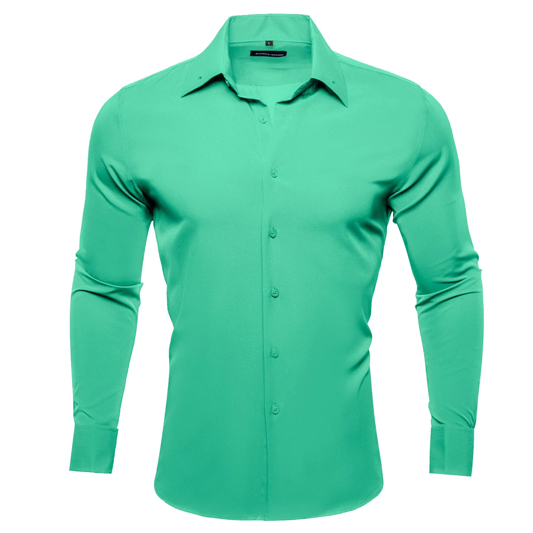 Barry Wang Mint Green Shirt Pale Green Solid Silk Long Sleeve Shirt