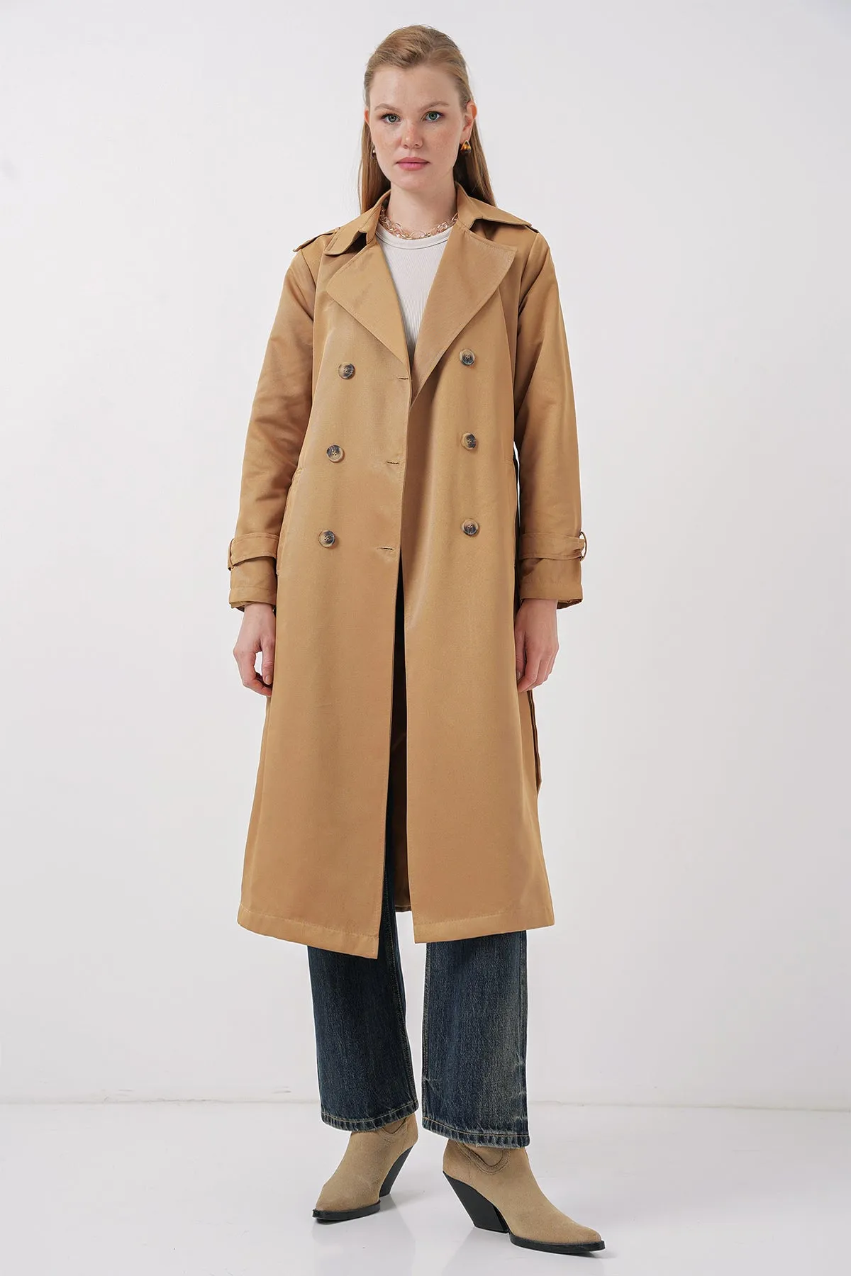 BGD Women Women's Wrap Neck Long Trench Coat - Tan - Bettendorf