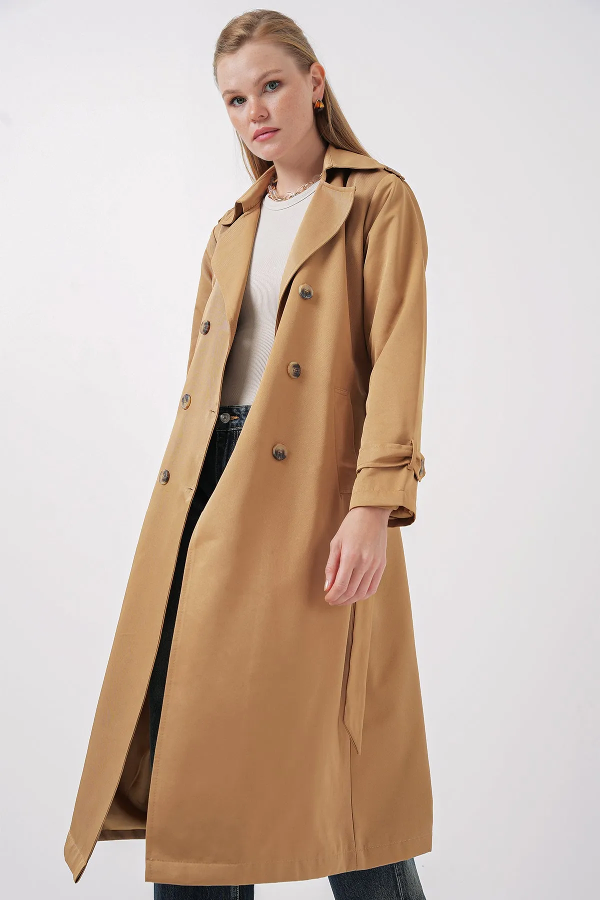 BGD Women Women's Wrap Neck Long Trench Coat - Tan - Bettendorf