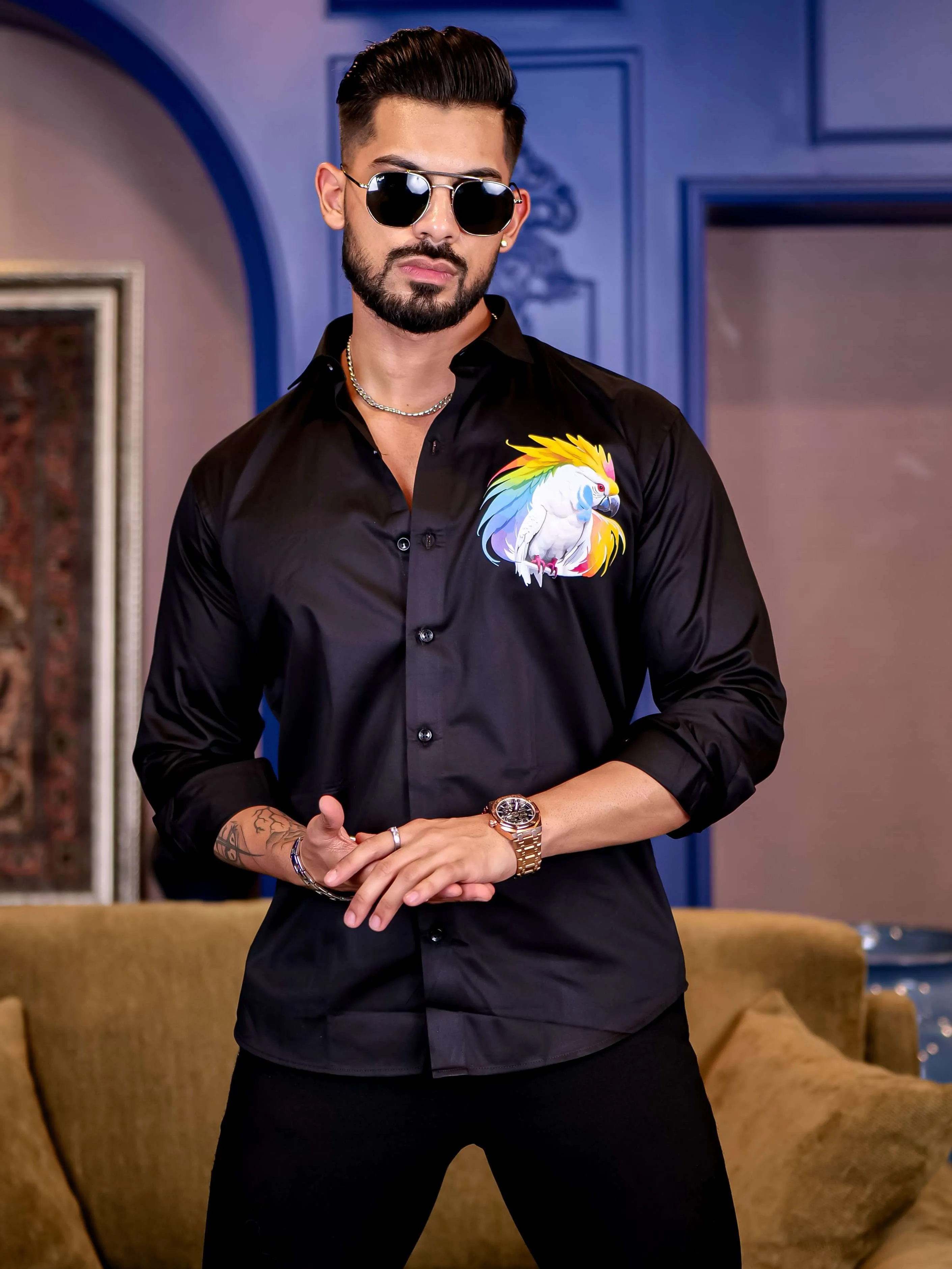 Black Club Wear Cockatoos Printed Satin Cotton Shirt