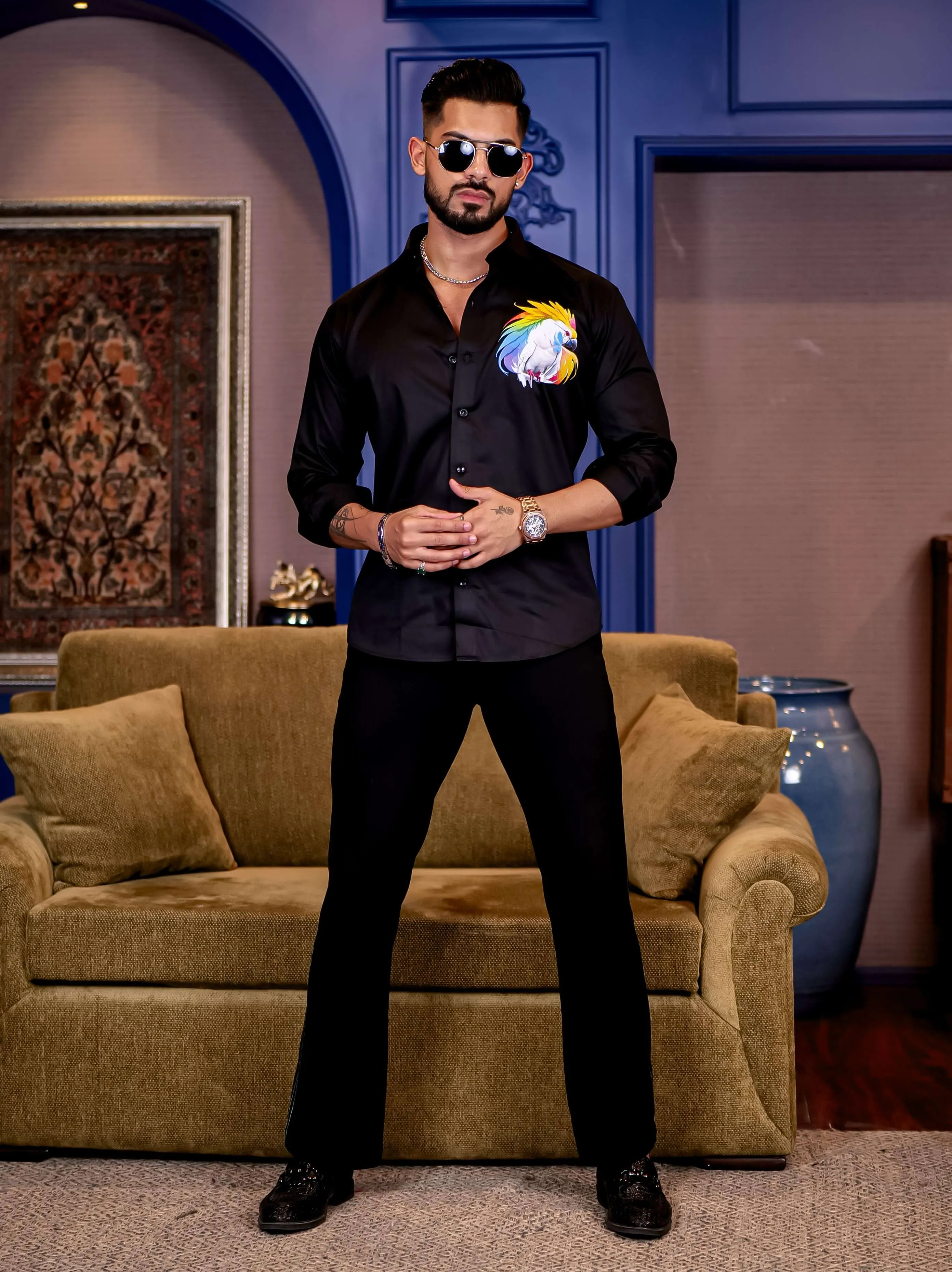 Black Club Wear Cockatoos Printed Satin Cotton Shirt