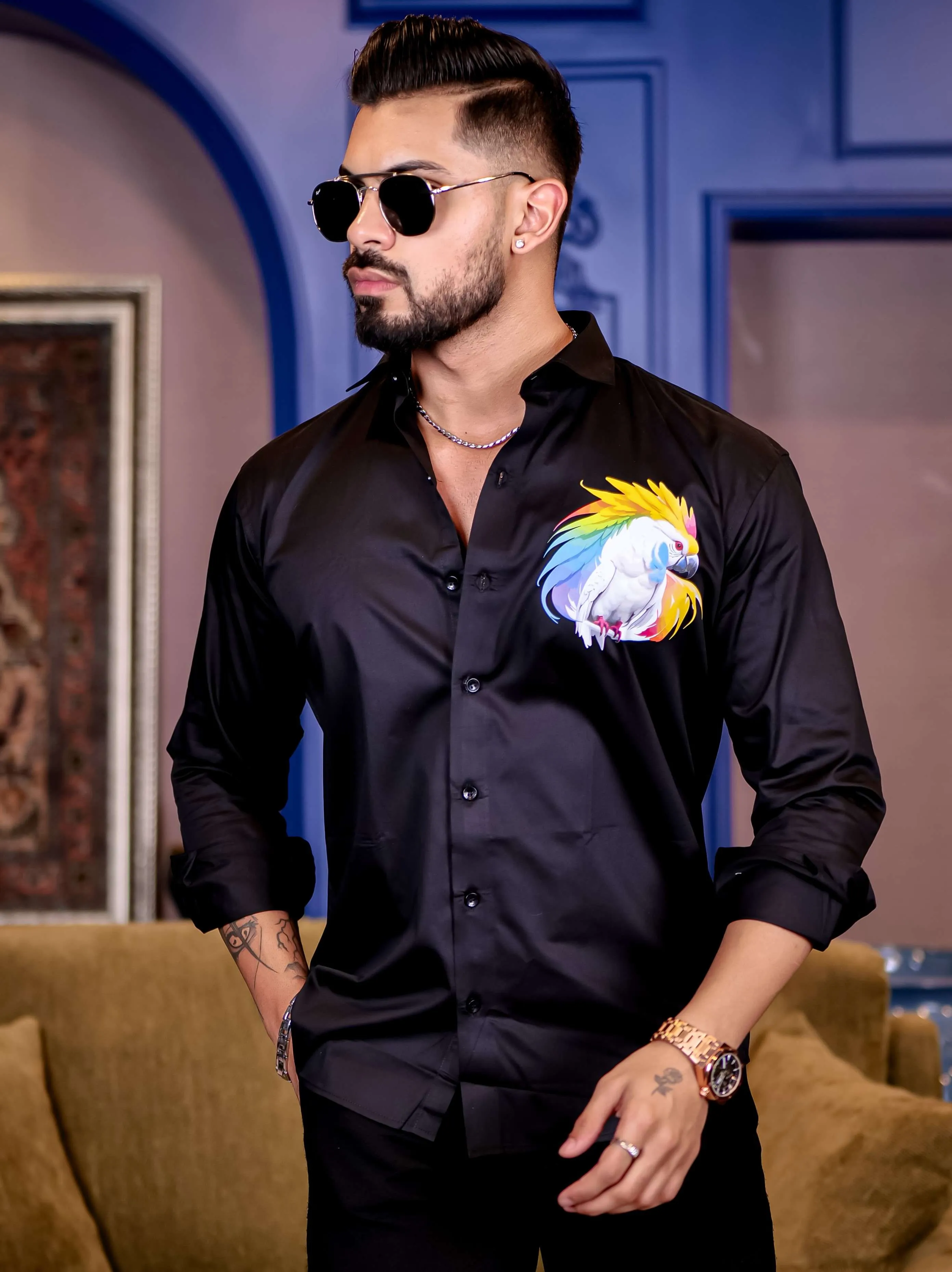 Black Club Wear Cockatoos Printed Satin Cotton Shirt