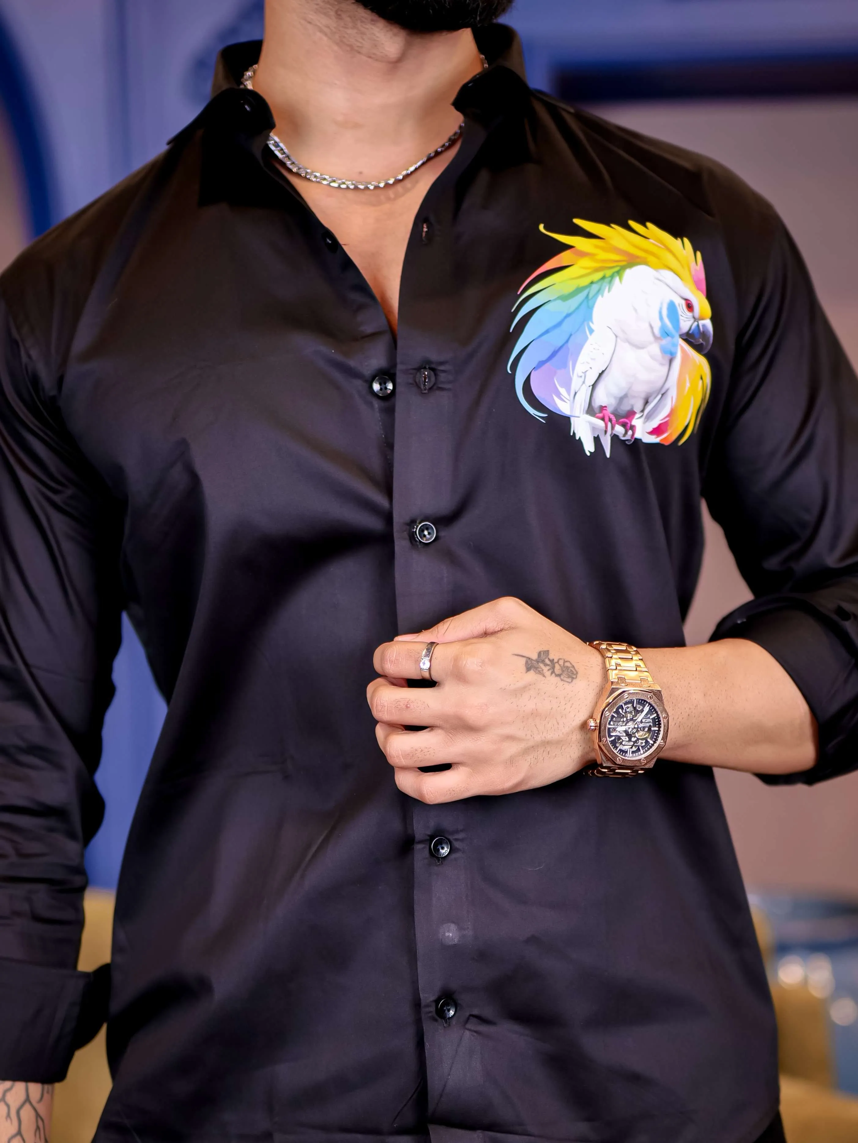 Black Club Wear Cockatoos Printed Satin Cotton Shirt
