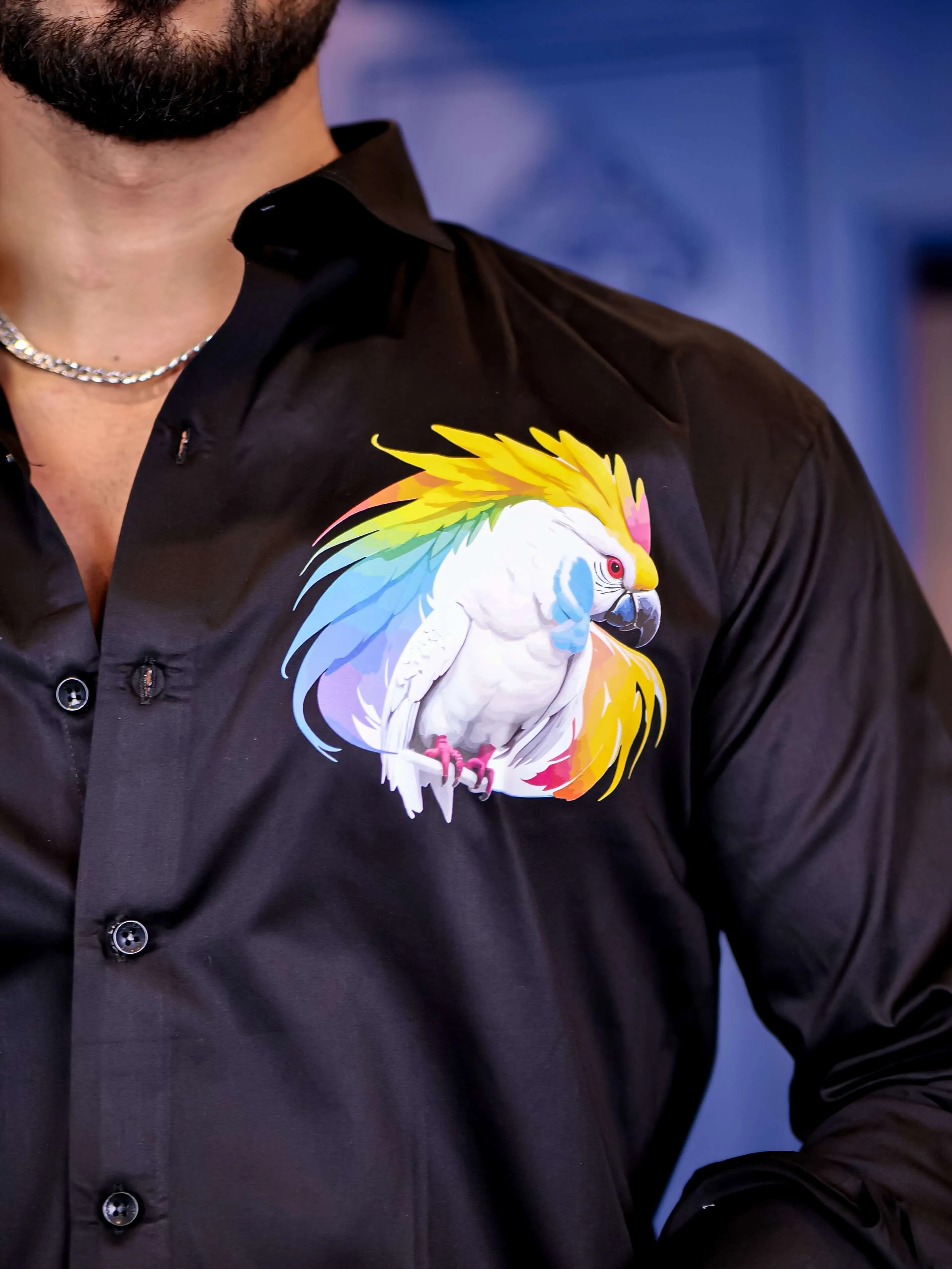 Black Club Wear Cockatoos Printed Satin Cotton Shirt