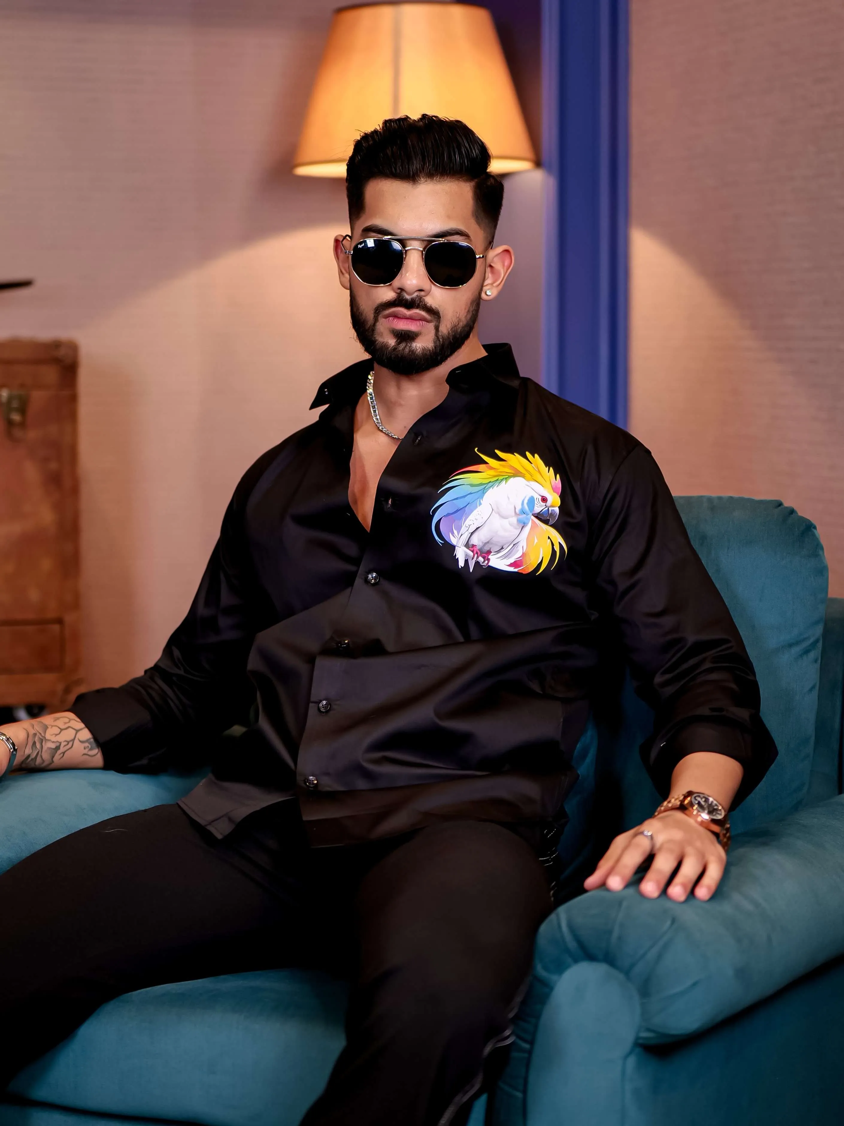 Black Club Wear Cockatoos Printed Satin Cotton Shirt
