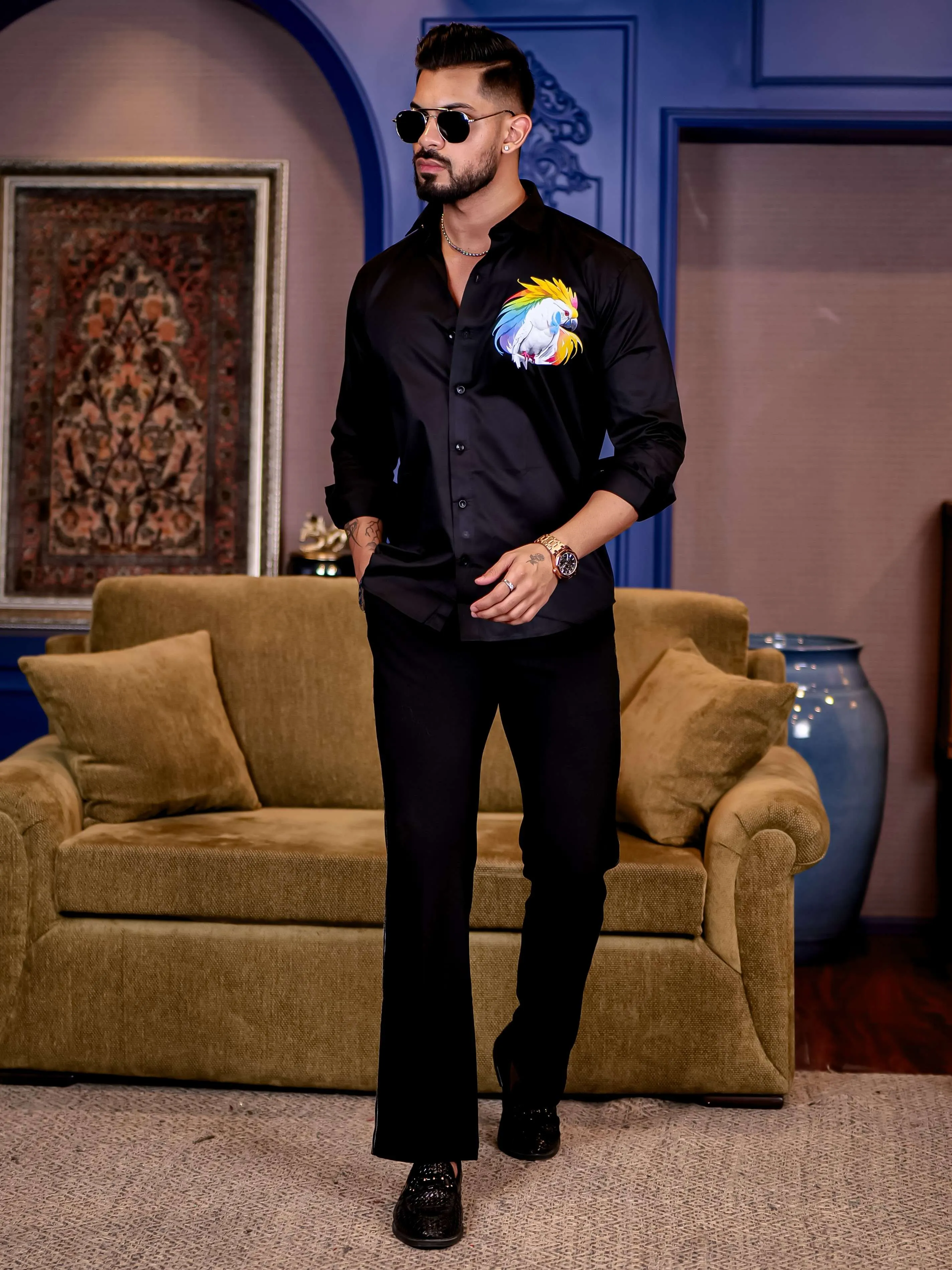 Black Club Wear Cockatoos Printed Satin Cotton Shirt