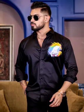 Black Club Wear Cockatoos Printed Satin Cotton Shirt