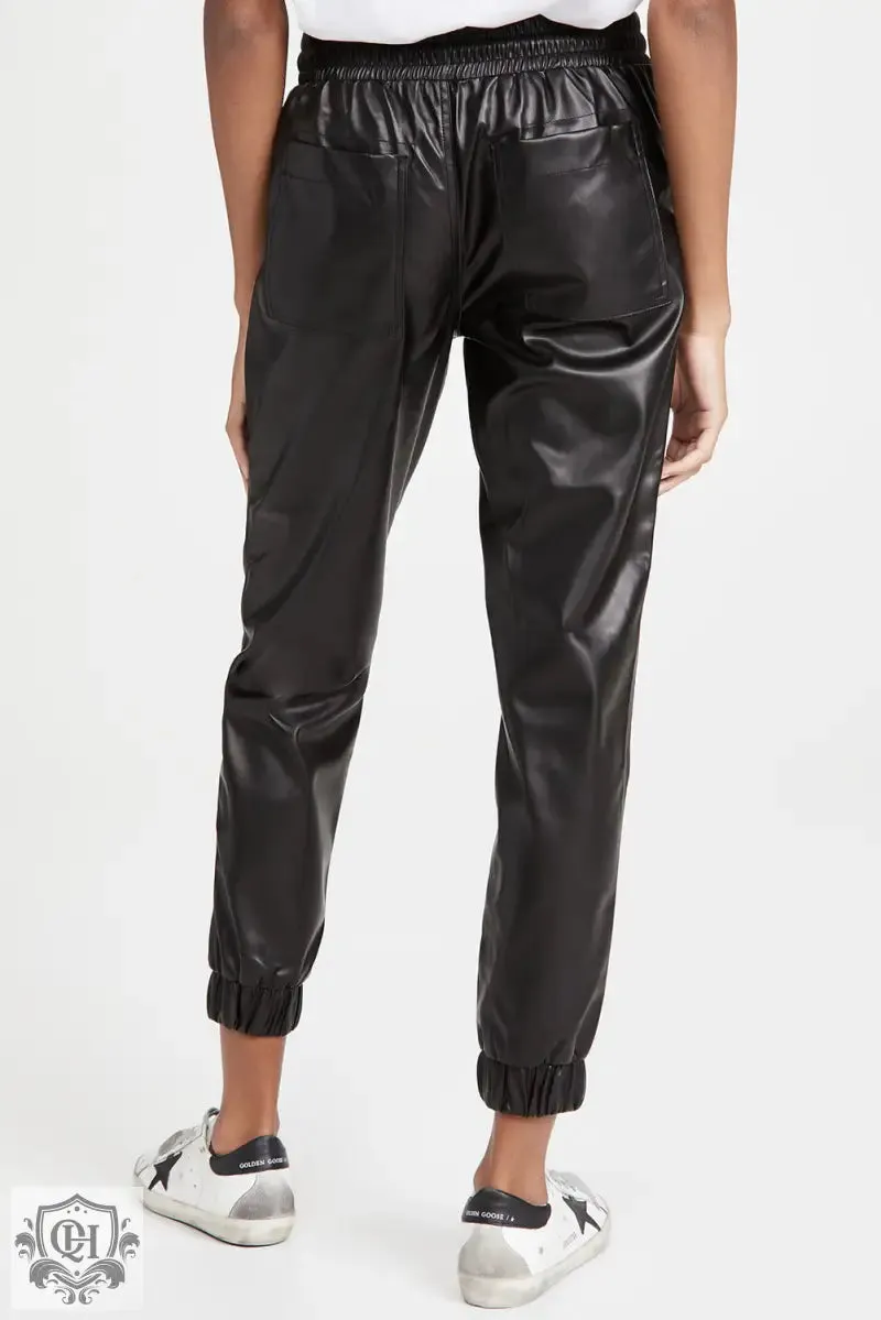 Black Faux Leather Ankle Smocked Waist Drawstring Joggers