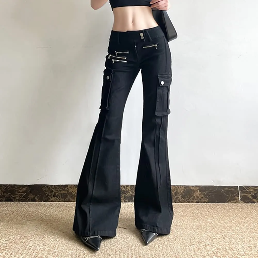 Black Gothic Y2K Cargo Flare Jeans