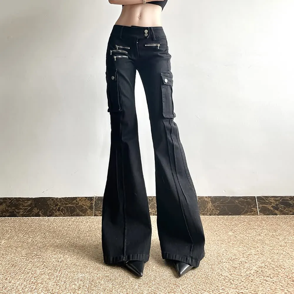 Black Gothic Y2K Cargo Flare Jeans