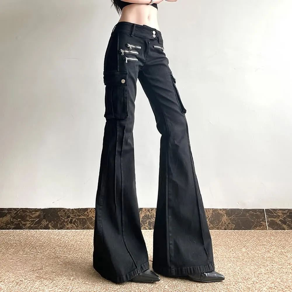 Black Gothic Y2K Cargo Flare Jeans