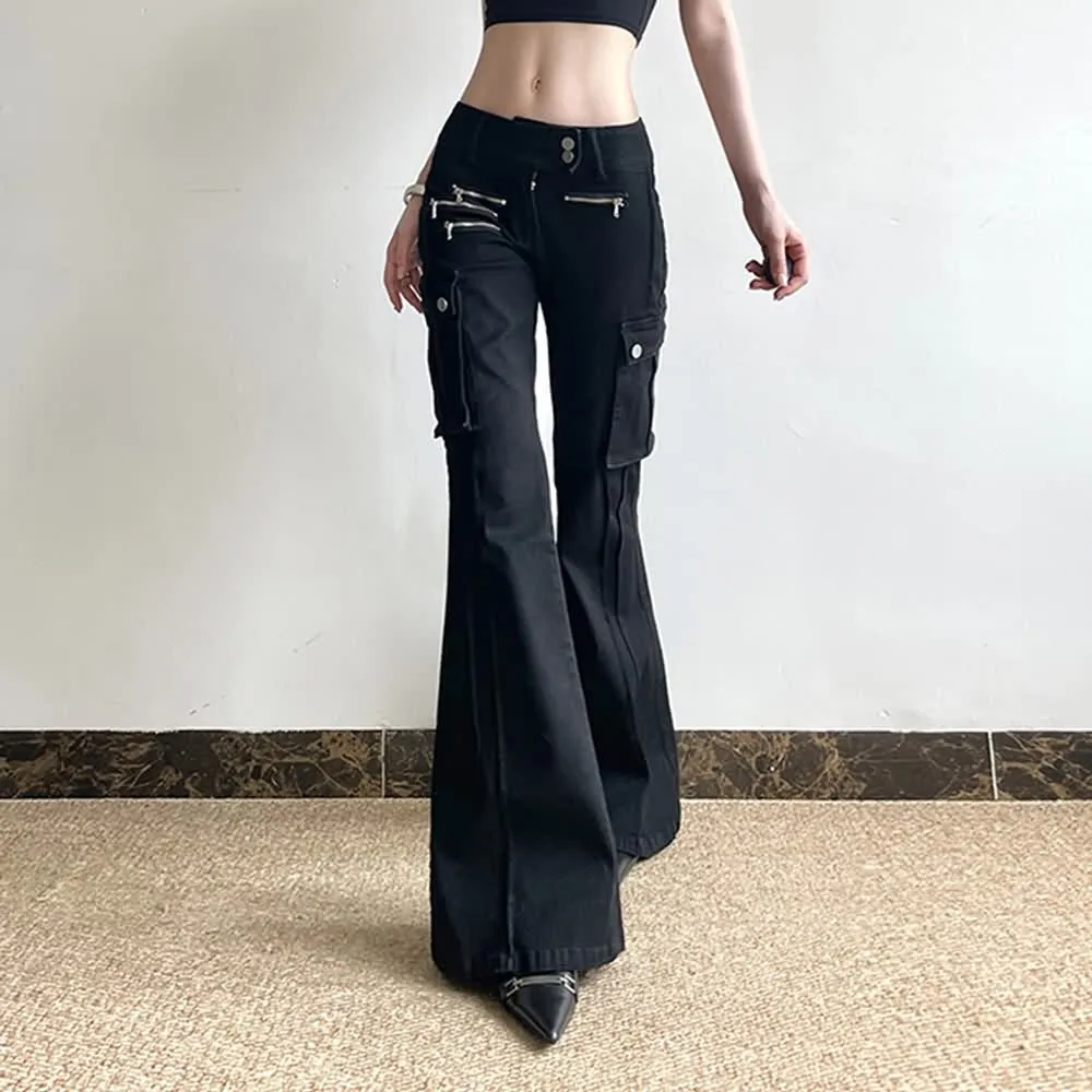Black Gothic Y2K Cargo Flare Jeans