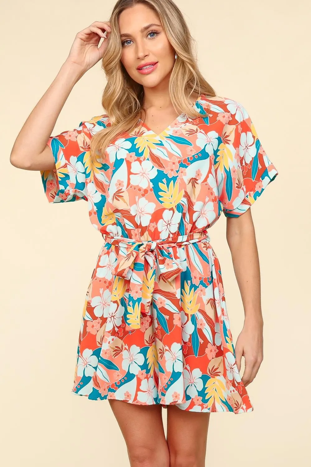 Blue Zone Planet |  Haptics Tropical Floral Short Sleeve Tied Romper