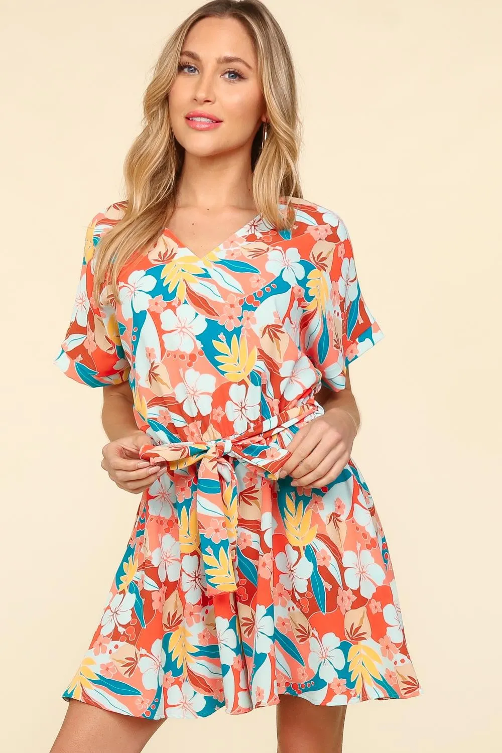 Blue Zone Planet |  Haptics Tropical Floral Short Sleeve Tied Romper