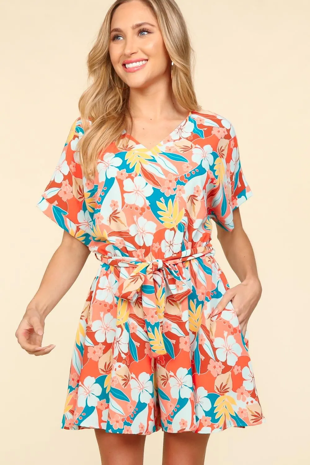 Blue Zone Planet |  Haptics Tropical Floral Short Sleeve Tied Romper