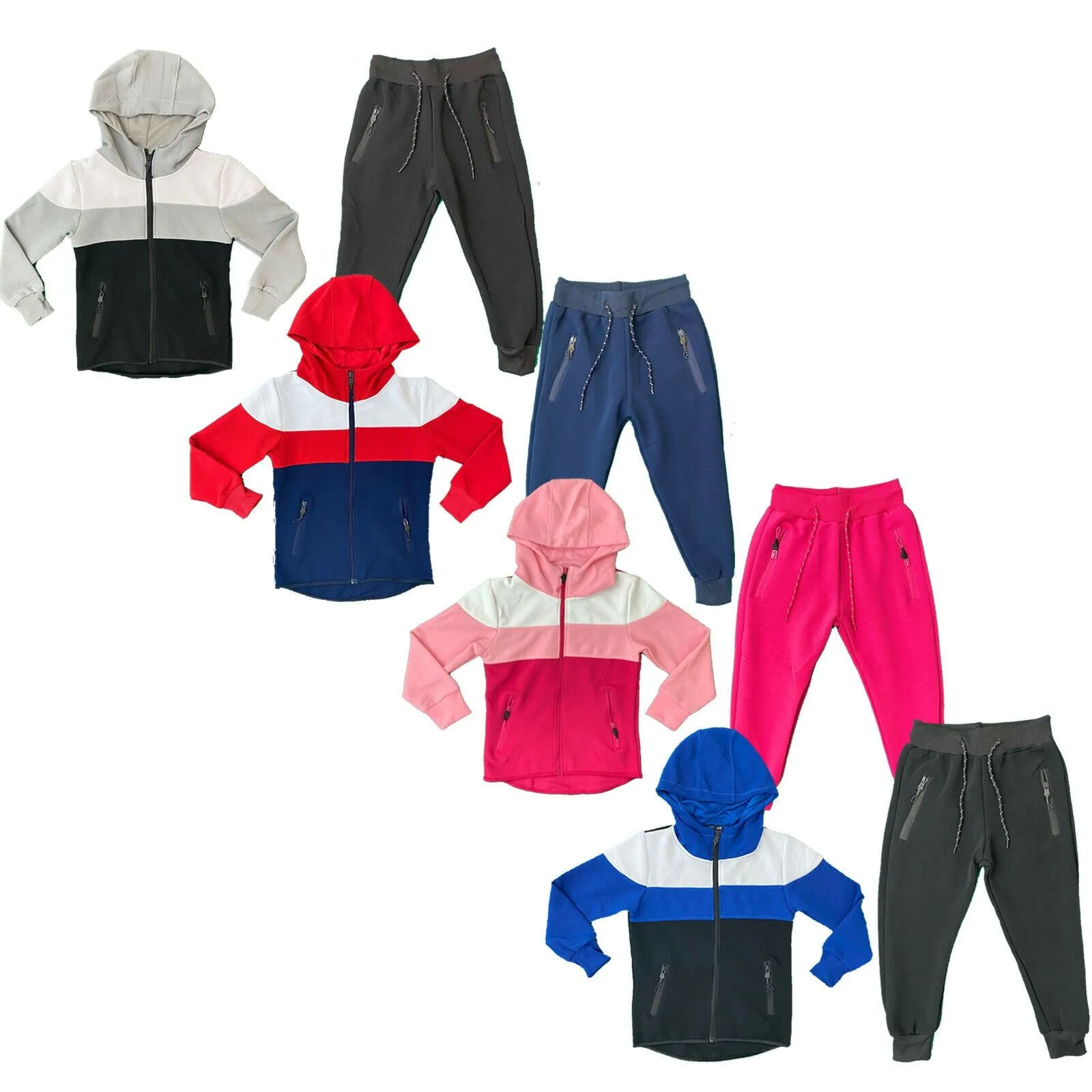 Boys Girls Kids Tracksuit Panel Jacket Joggers Jogging Bottoms Outfit Set