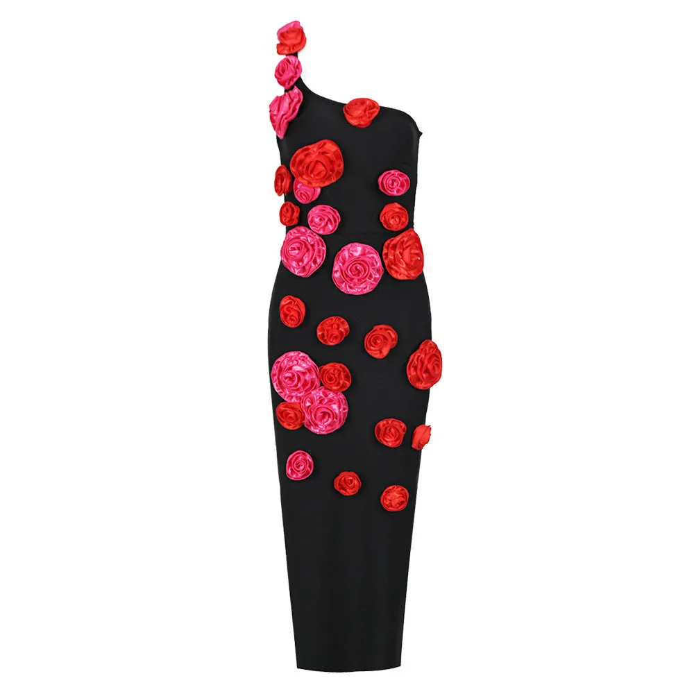 Bridget 3D Flower Decor One-Shoulder Bodycon Dress