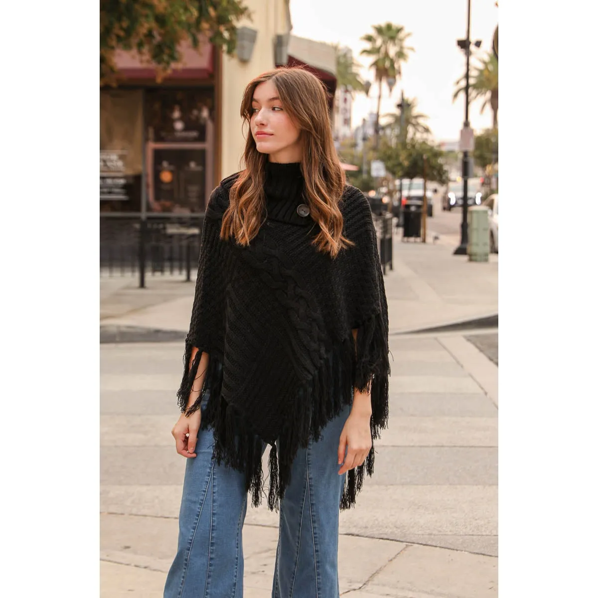 Cable Knit Poncho With Tassels