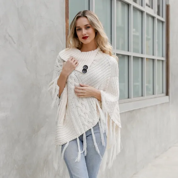 Cable Knit Poncho With Tassels