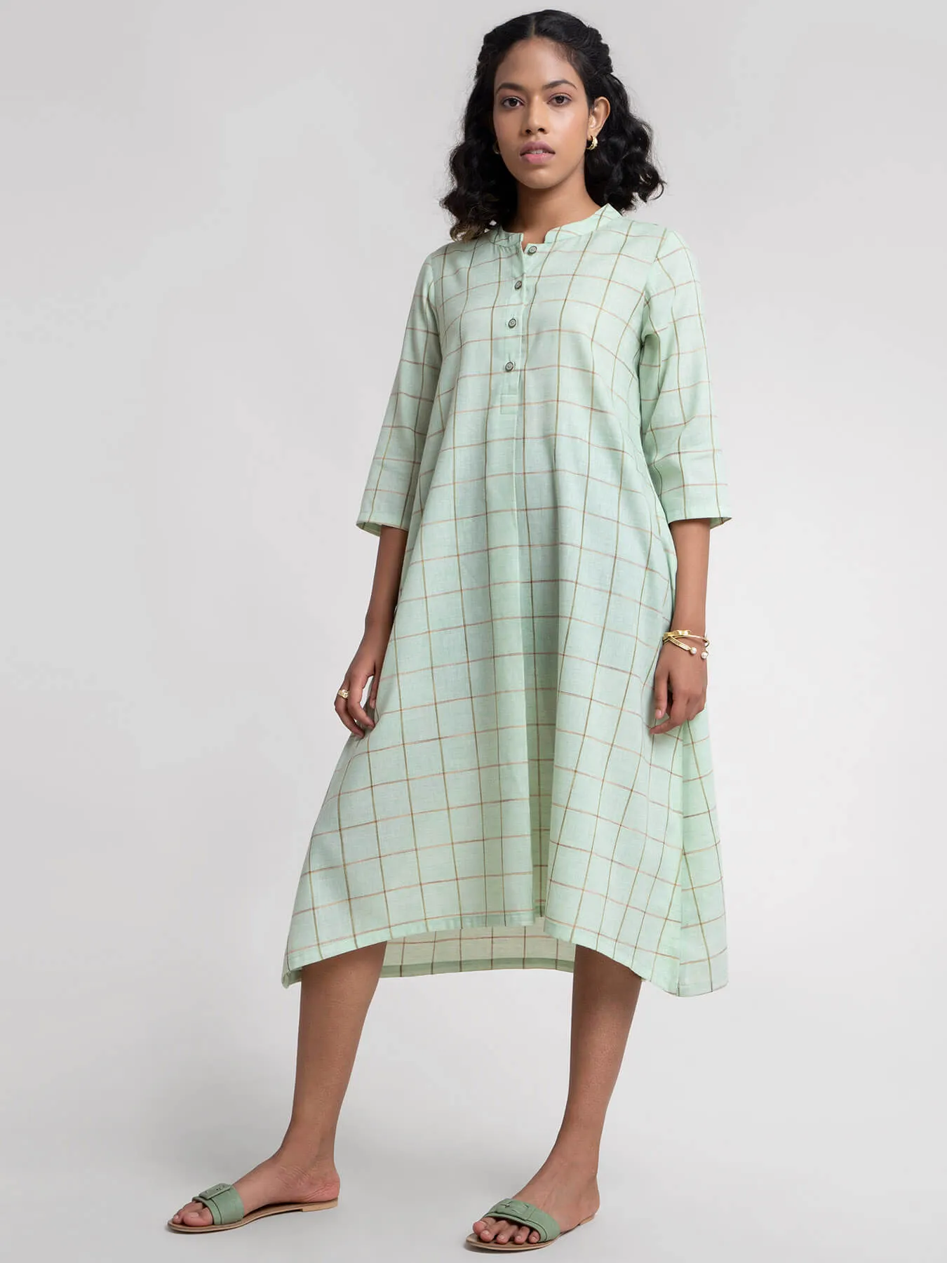 Check Patterned Cotton Dress - Green