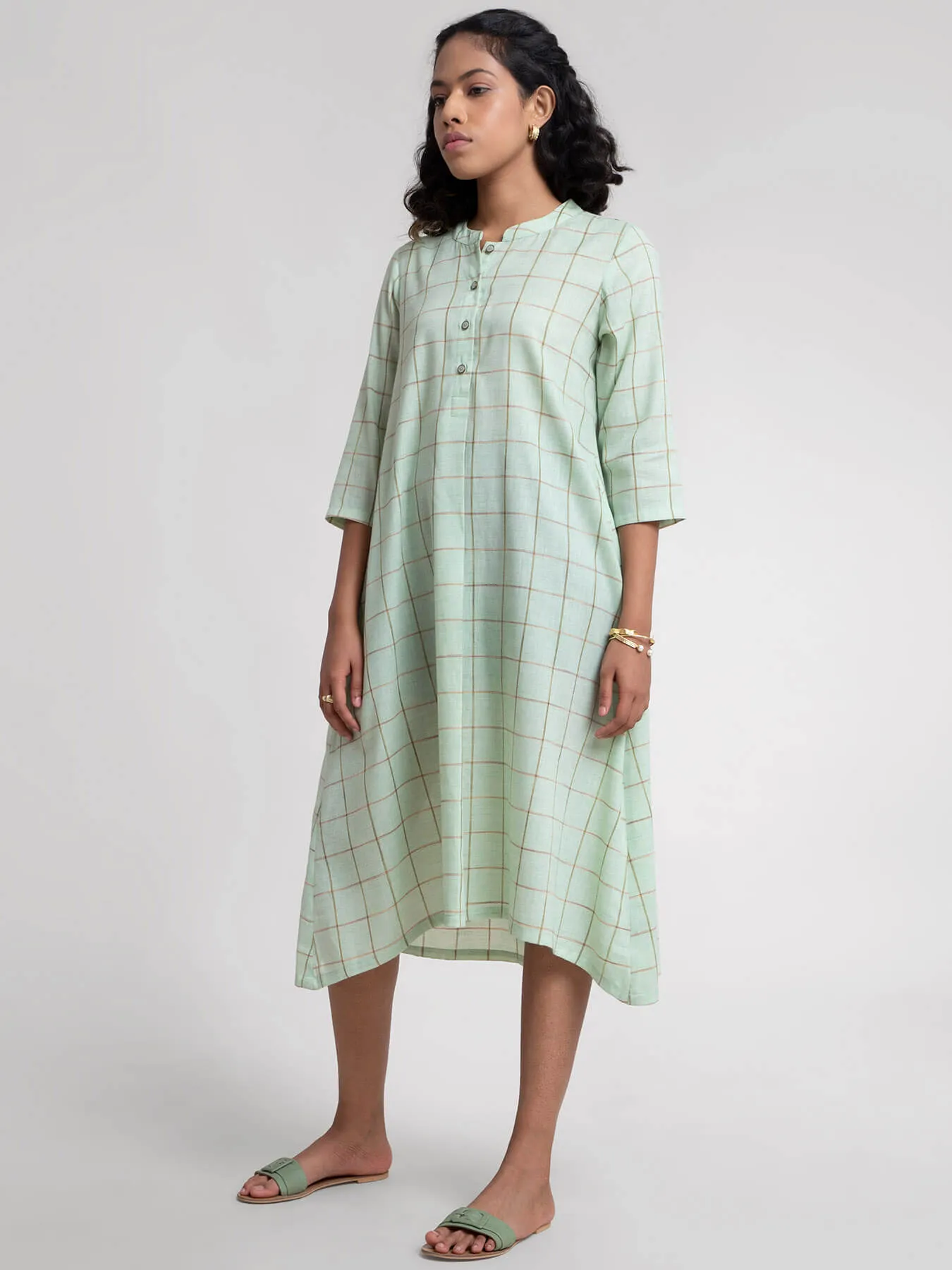 Check Patterned Cotton Dress - Green