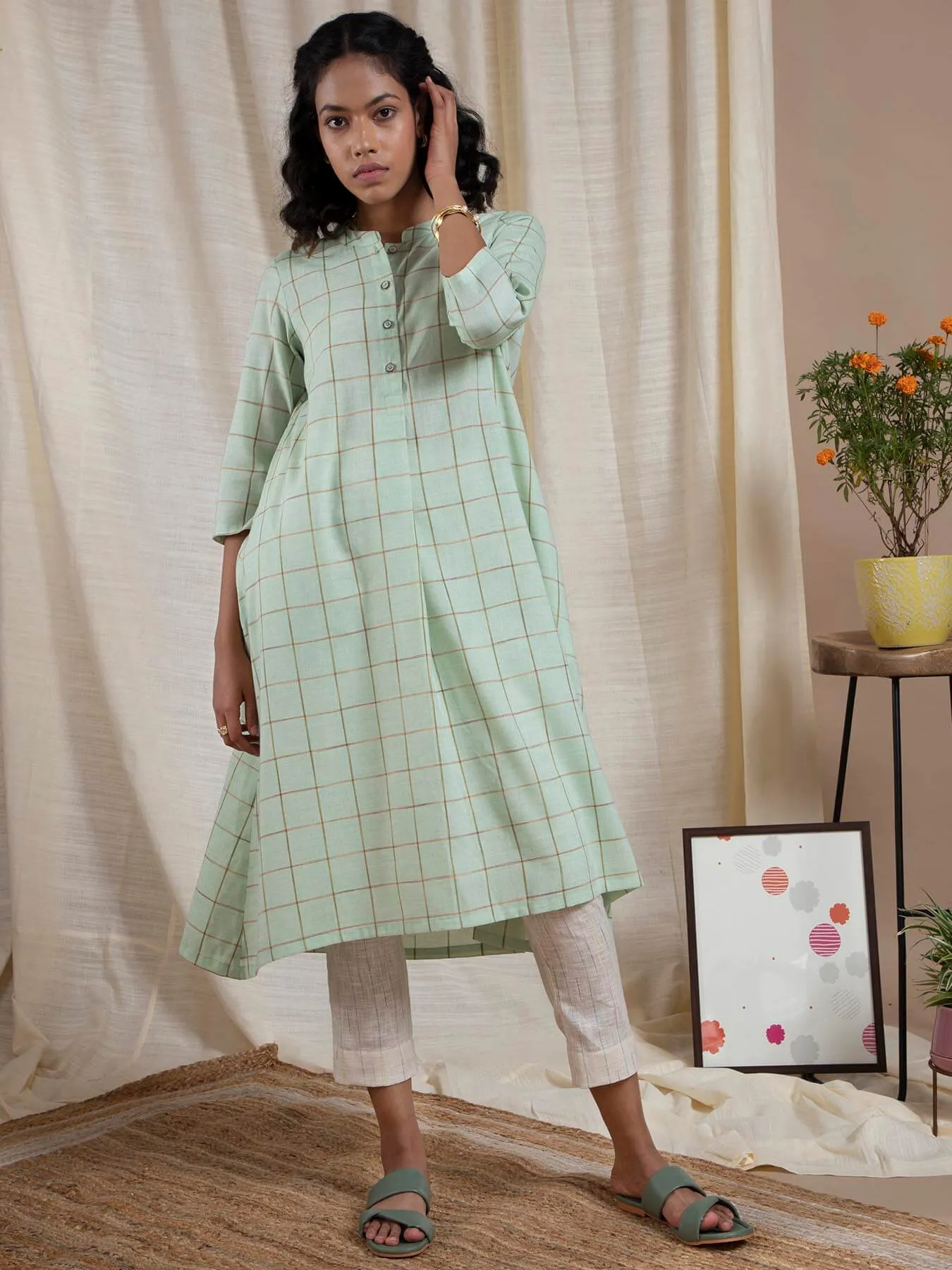 Check Patterned Cotton Dress - Green