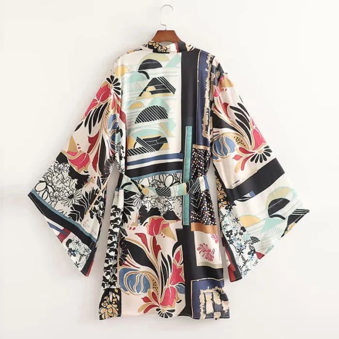 Colorblock Print Cardigan Kimono Outerwear Wide Leg Pants