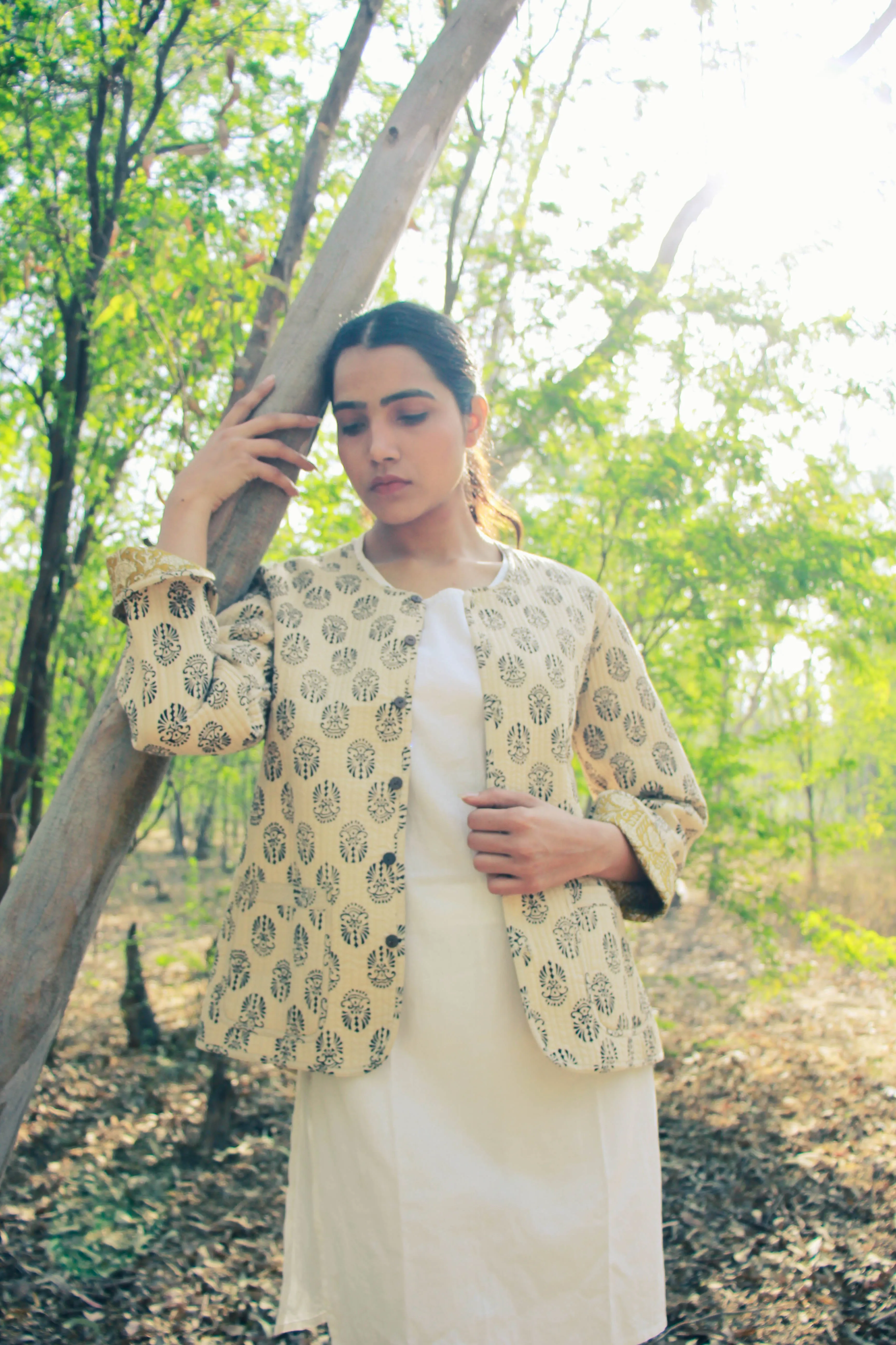 Cotton Quilted Sand Flora Reversible Hand Block Print Women’s Jacket